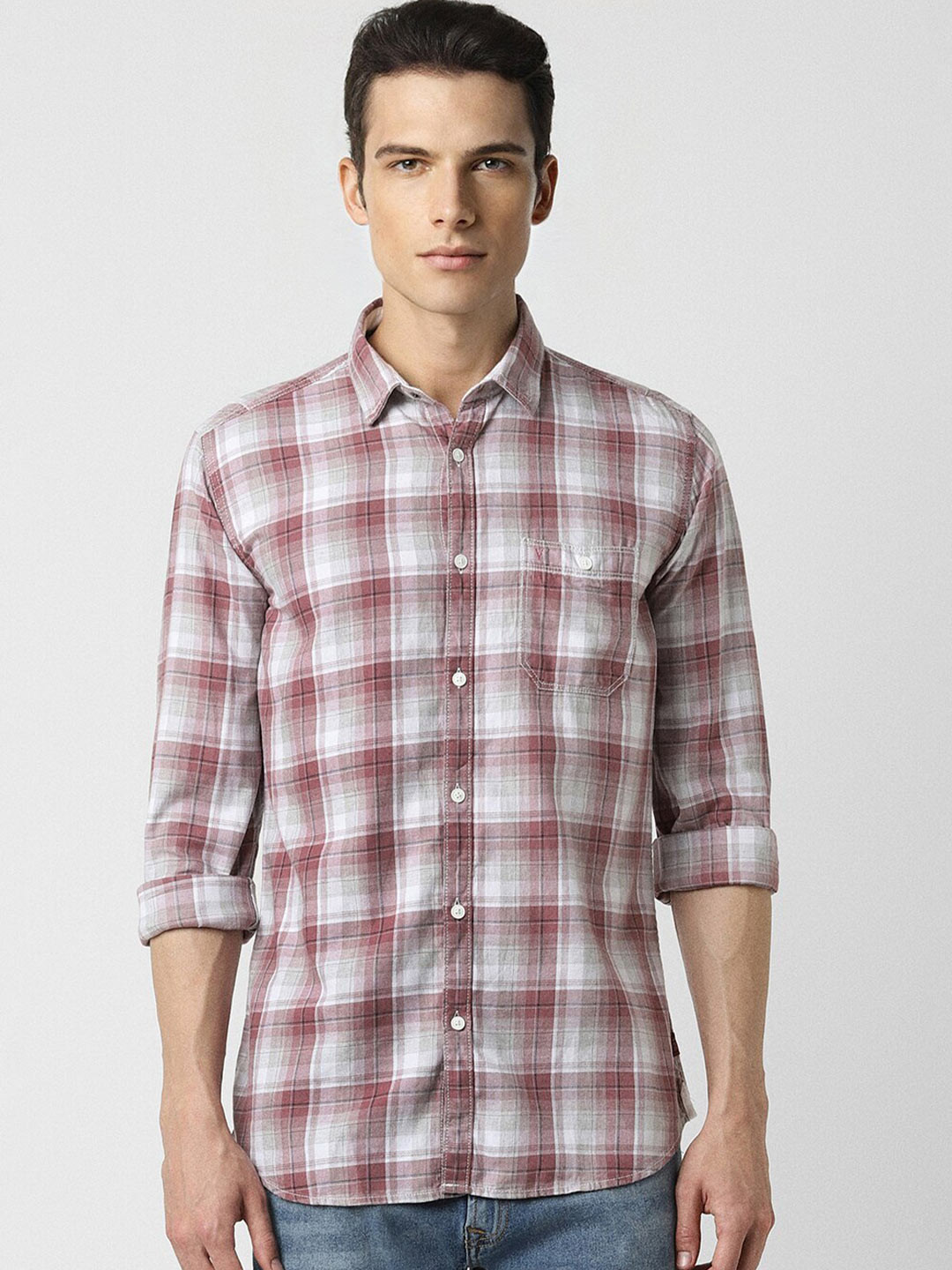 

VAN HEUSEN DENIM LABS Slim Fit Checked Cotton Formal Shirt, White