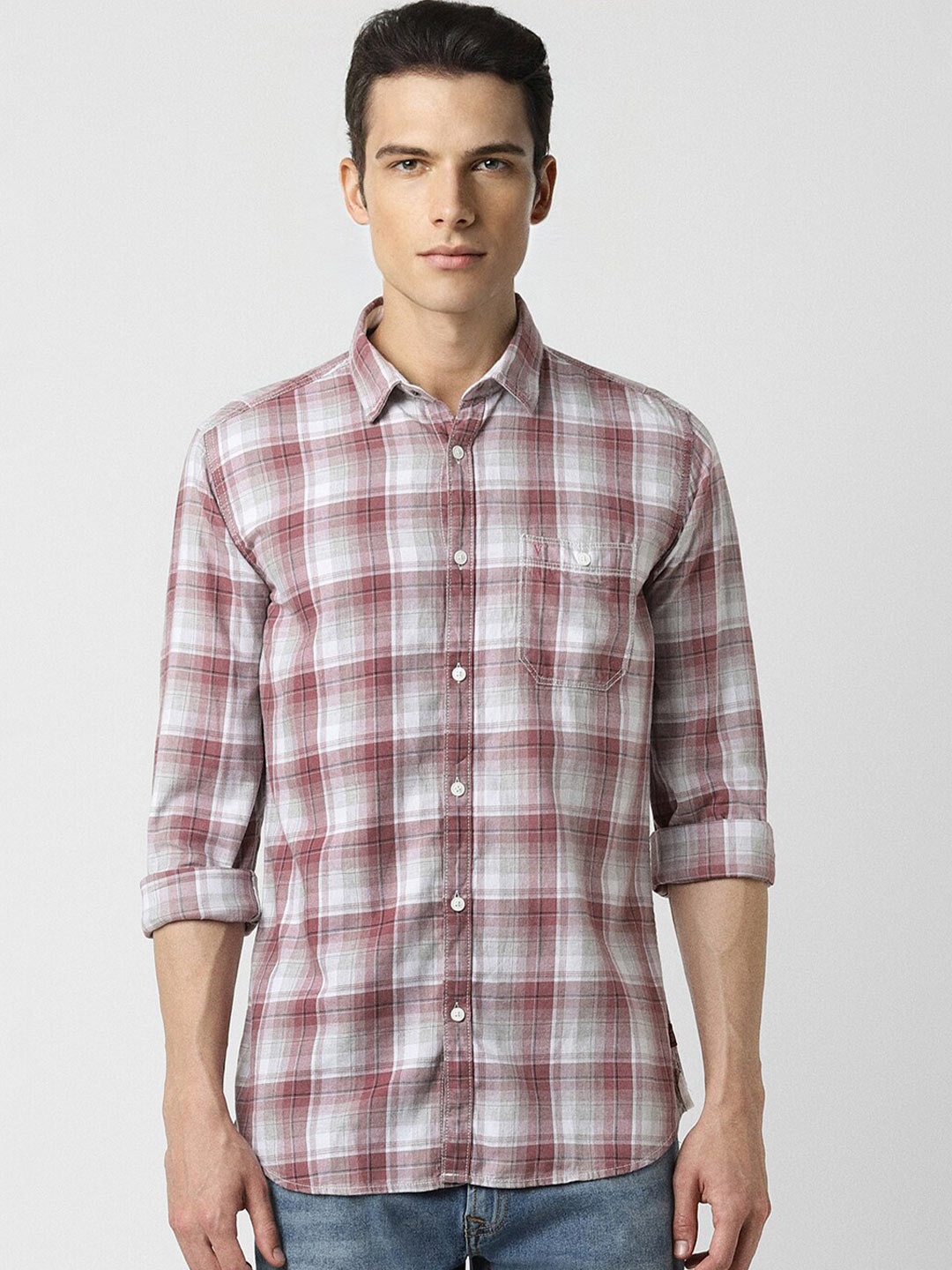 

VAN HEUSEN DENIM LABS Slim Fit Checked Pure Cotton Casual Shirt, Off white