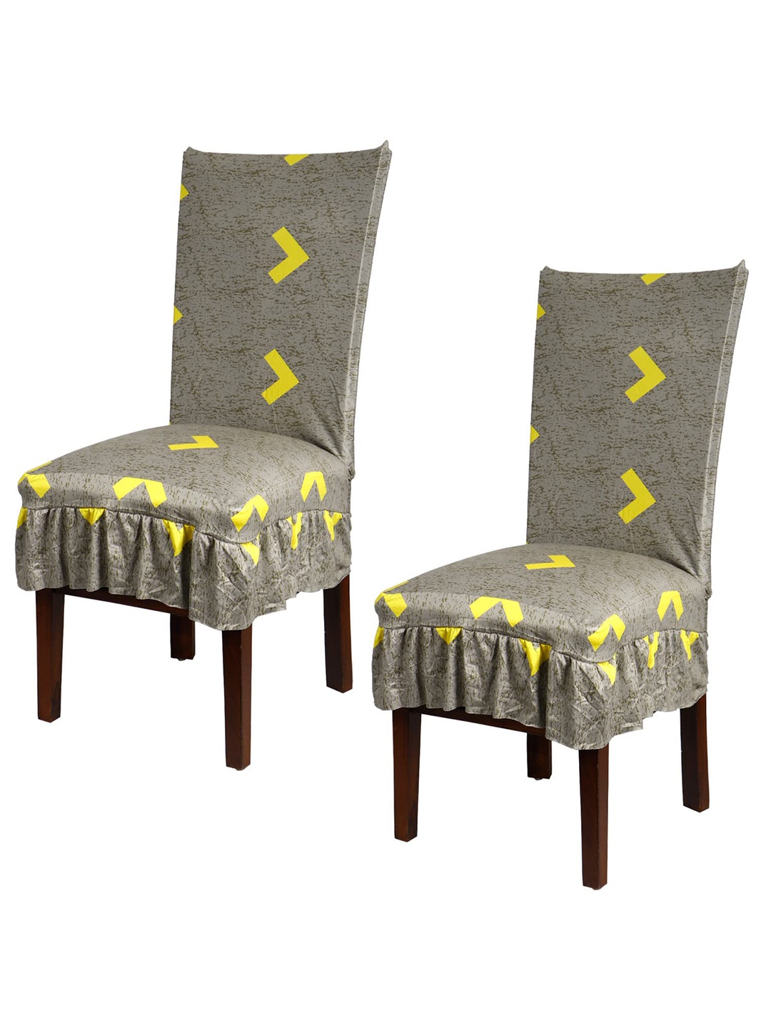 

HOKIPO 2-Pcs Khaki & Yellow Geometric Printed Frilled Dining Chair Covers