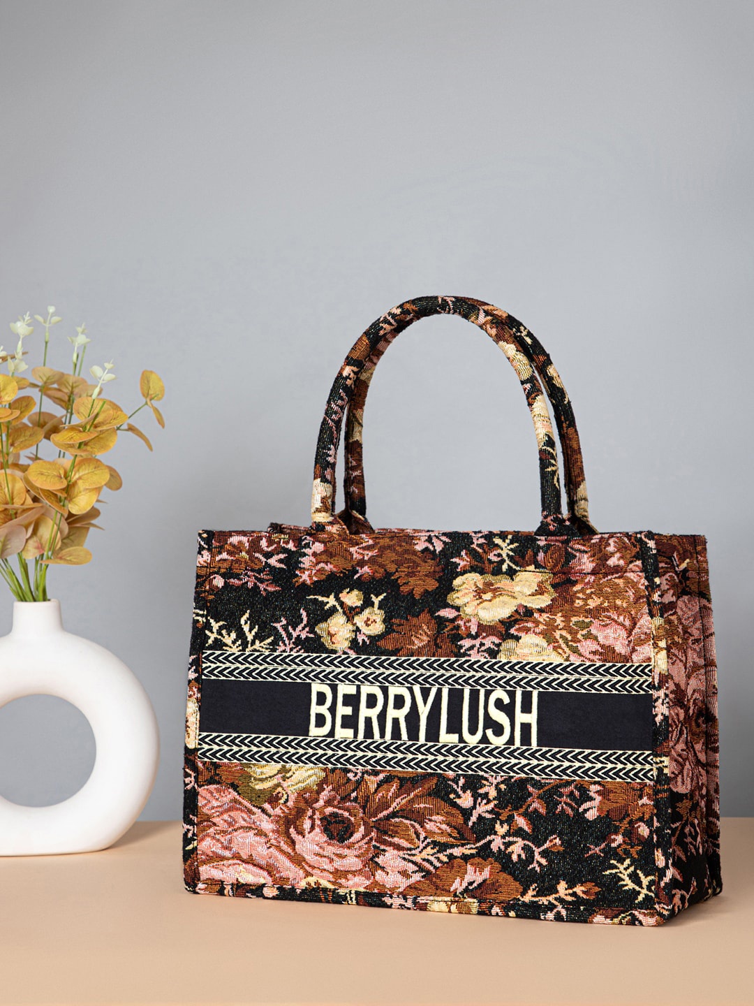 Berrylush Printed Structured Tote Bag, Black
