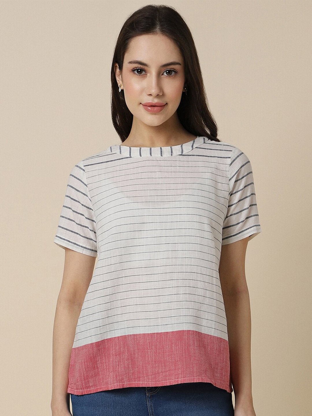 

Allen Solly Woman Striped Round Neck Cotton T-shirt, White