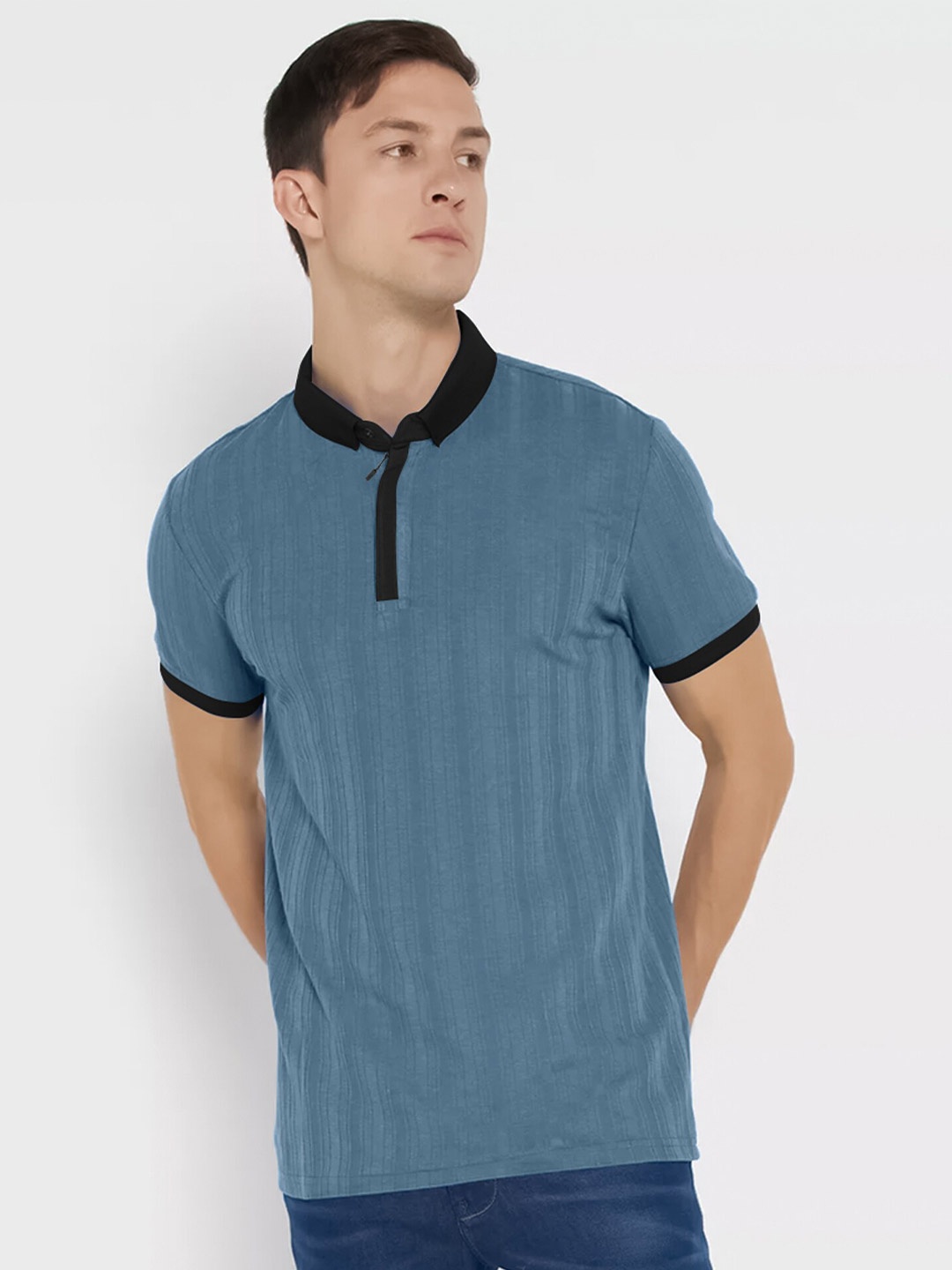 

Maniac Striped Polo Collar Cotton Slim Fit T-shirt, Blue