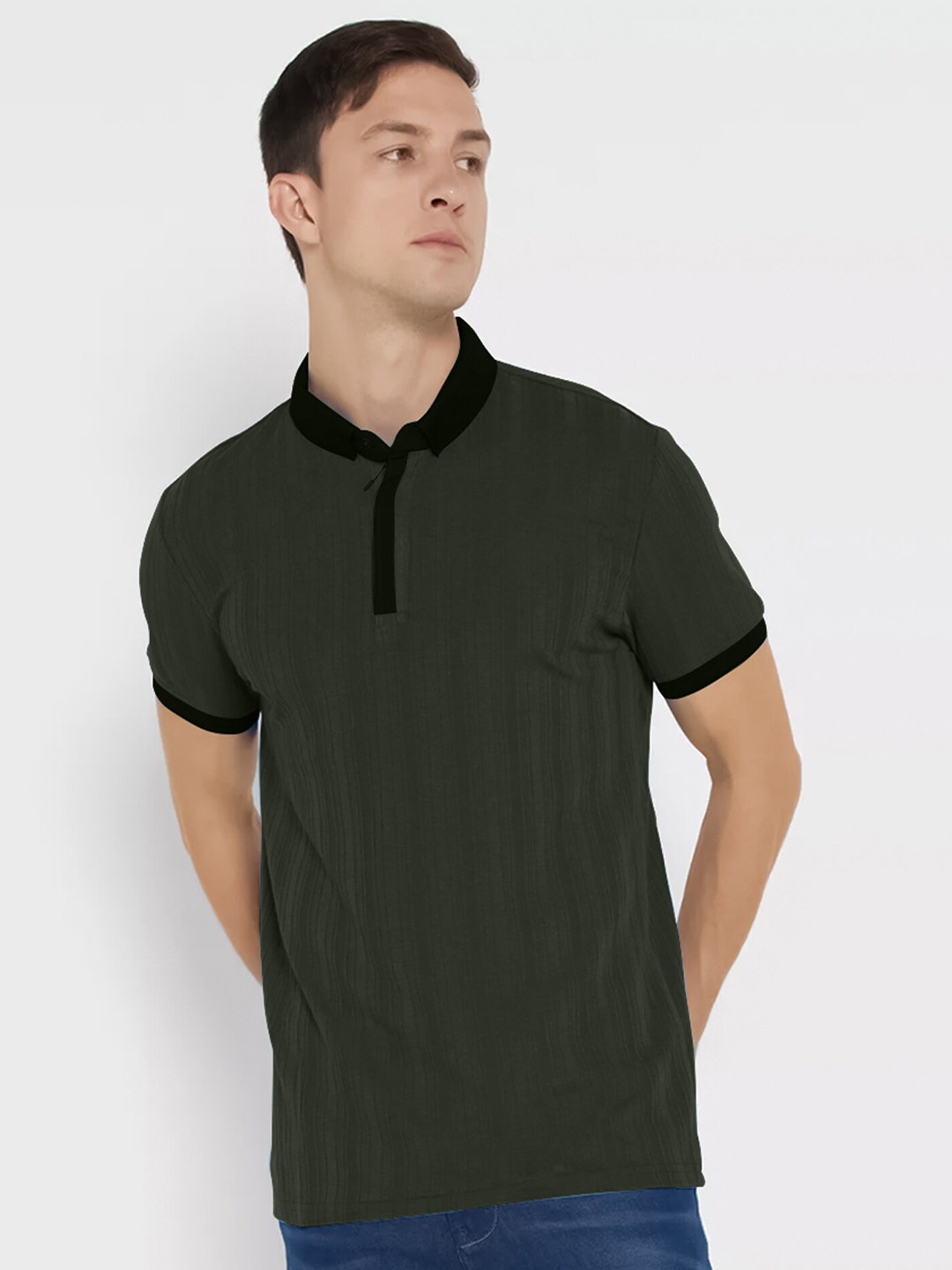 

Maniac Striped Polo Collar Cotton Slim Fit T-shirt, Olive