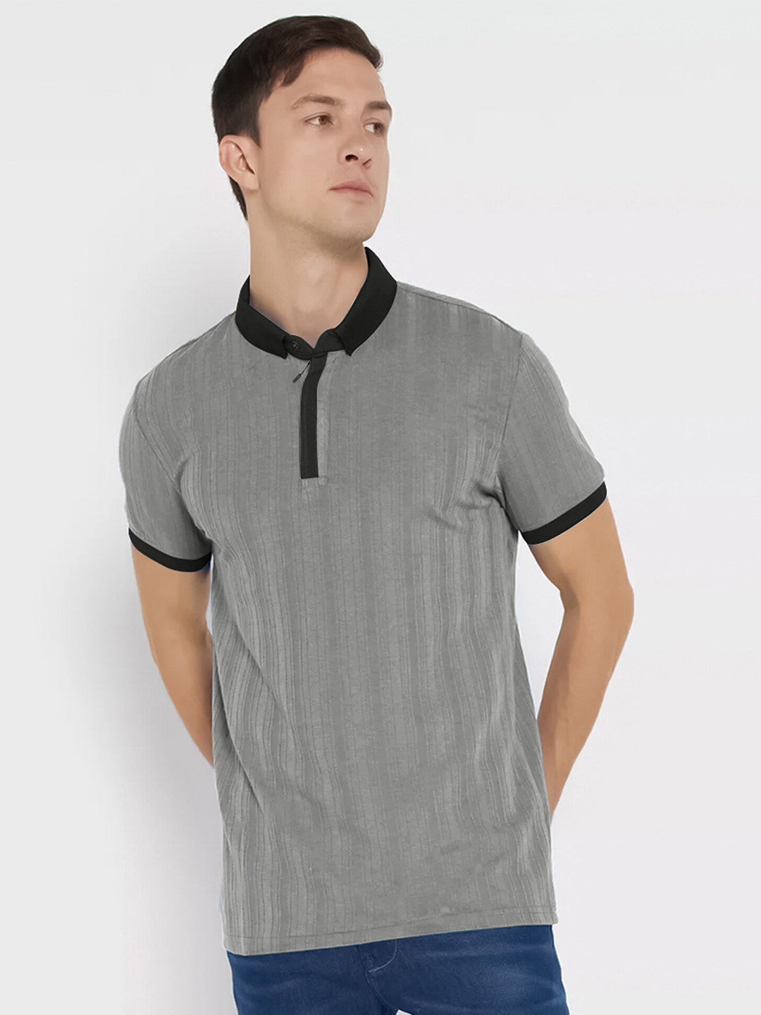 Maniac Striped Polo Collar Cotton Slim Fit T-shirt, Grey