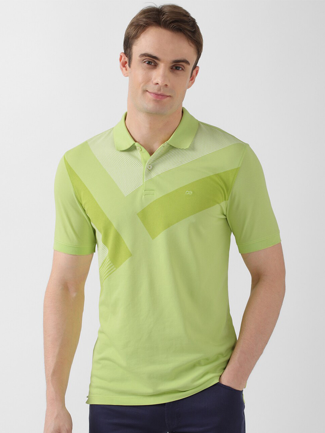 

Peter England Casuals Geometric Printed Polo Collar Slim Fit T-shirt, Green