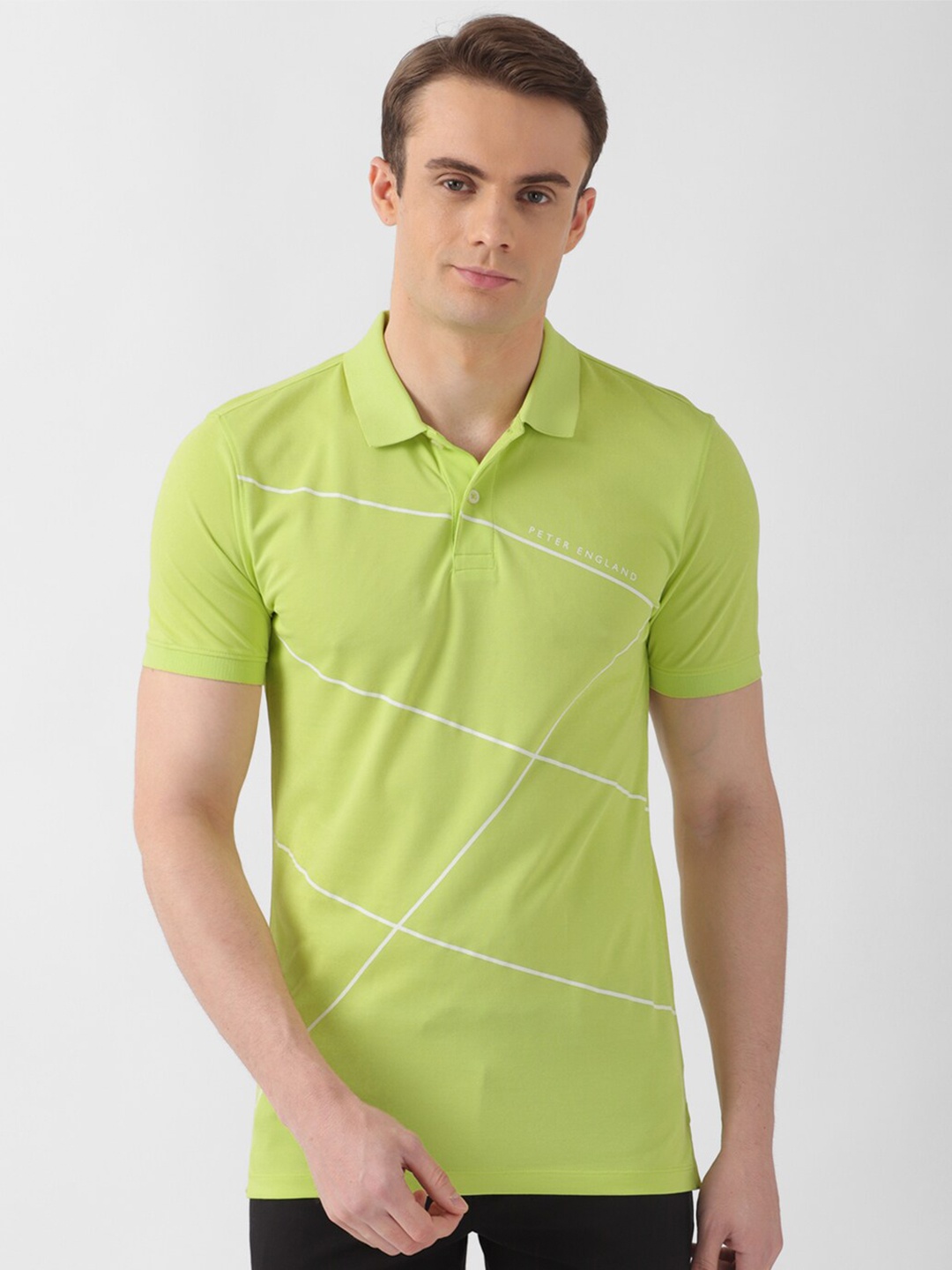 

Peter England Casuals Geometric Printed Polo Collar Slim Fit T-shirt, Green