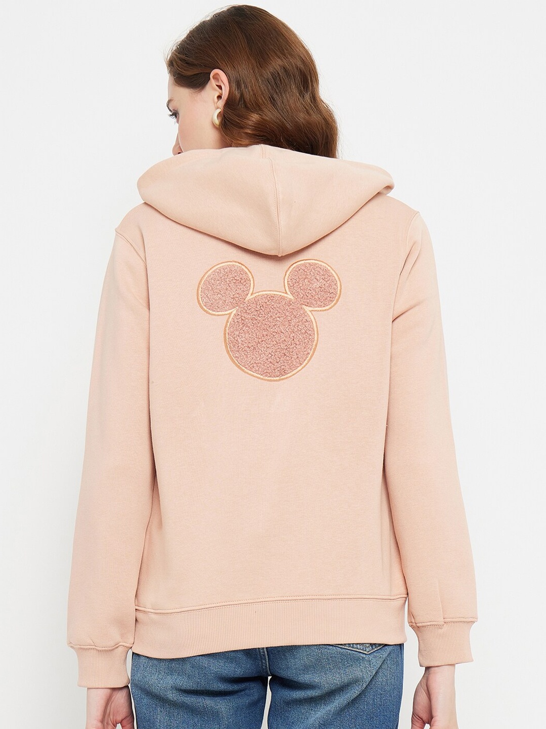 

Madame Mickey Mouse Printed Hooded Cotton Front Open Sweatshirt, Peach