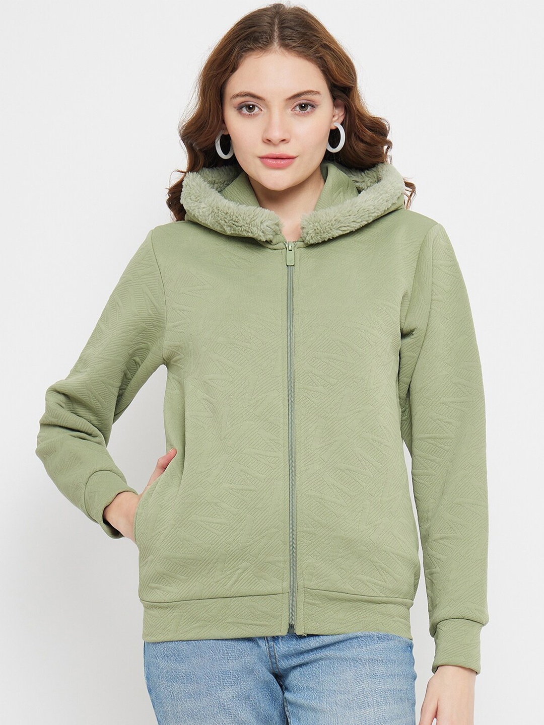 

Madame Hooded Neck Long Sleeves Zip Detail Cotton Front-Open Sweatshirt, Green