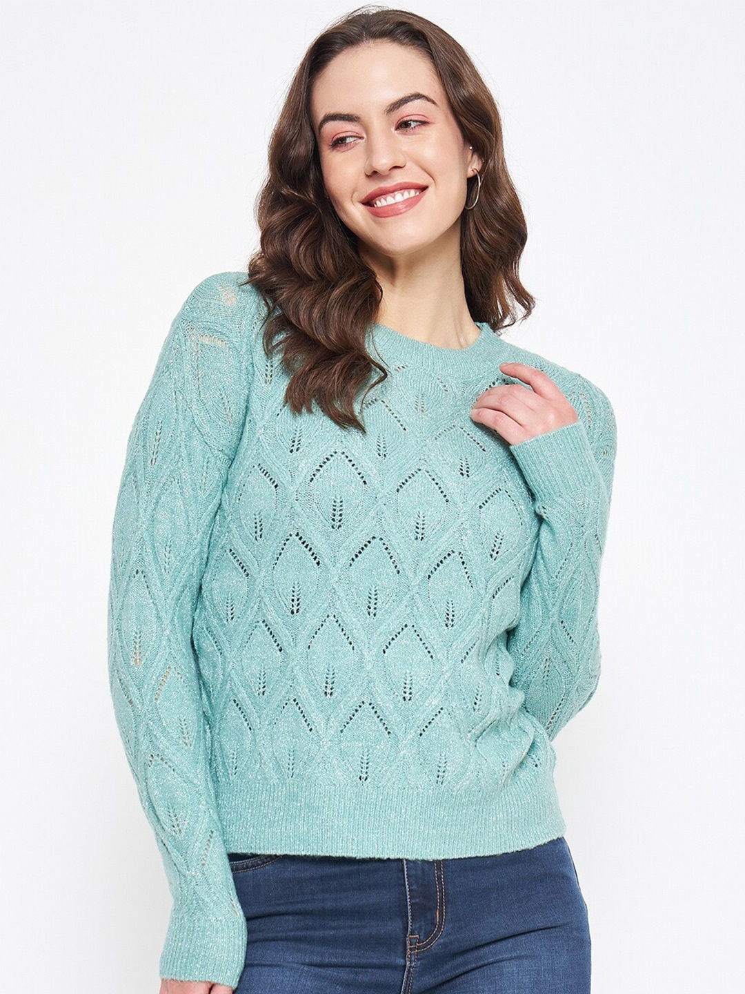 

Madame Self Design Cable Knit Acrylic Pullover, Sea green