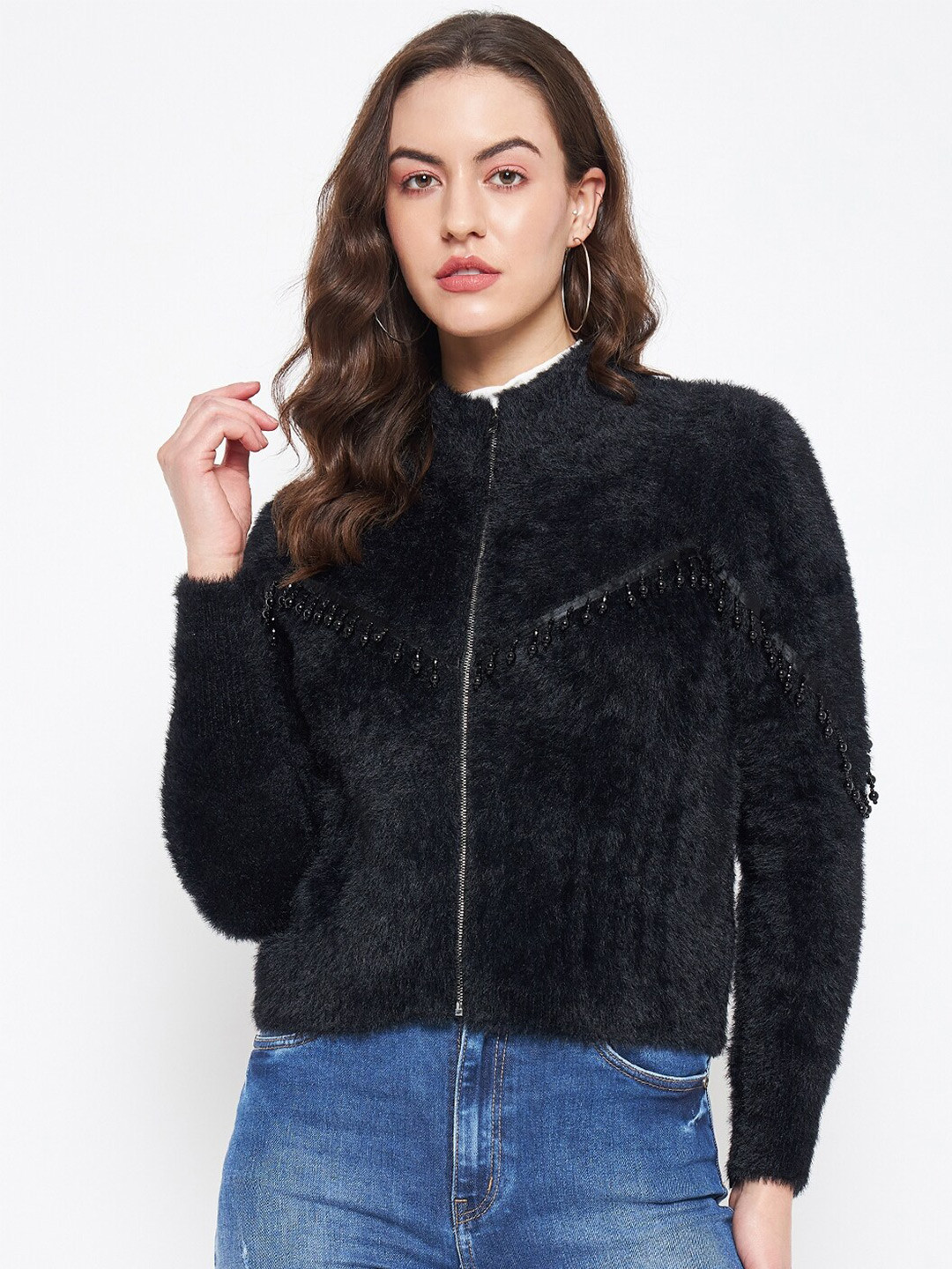 

Madame Boucle Self Design Mock Collar Embellished Detailed Cardigan, Black