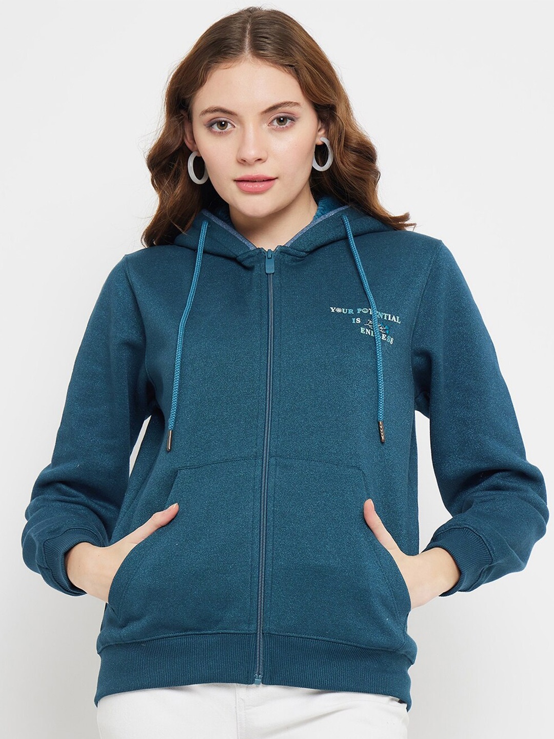 

Madame Hooded Cotton Front Open Sweatshirt, Teal