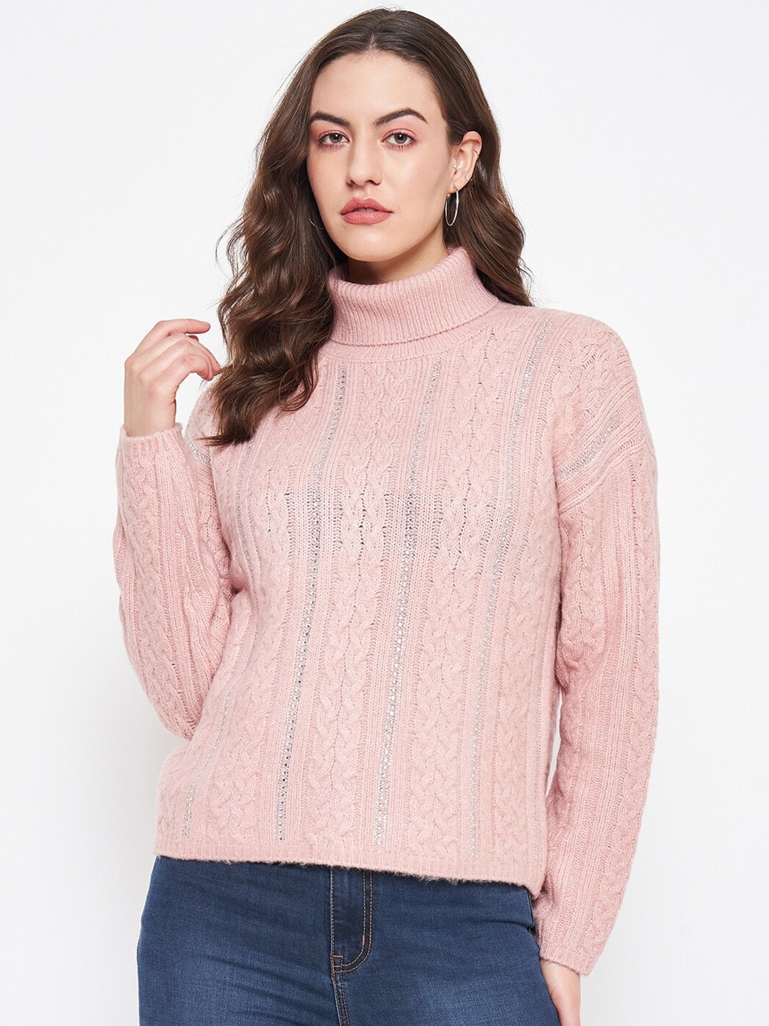 

Madame Cable Knit Self Design Turtle Neck Pullover, Peach