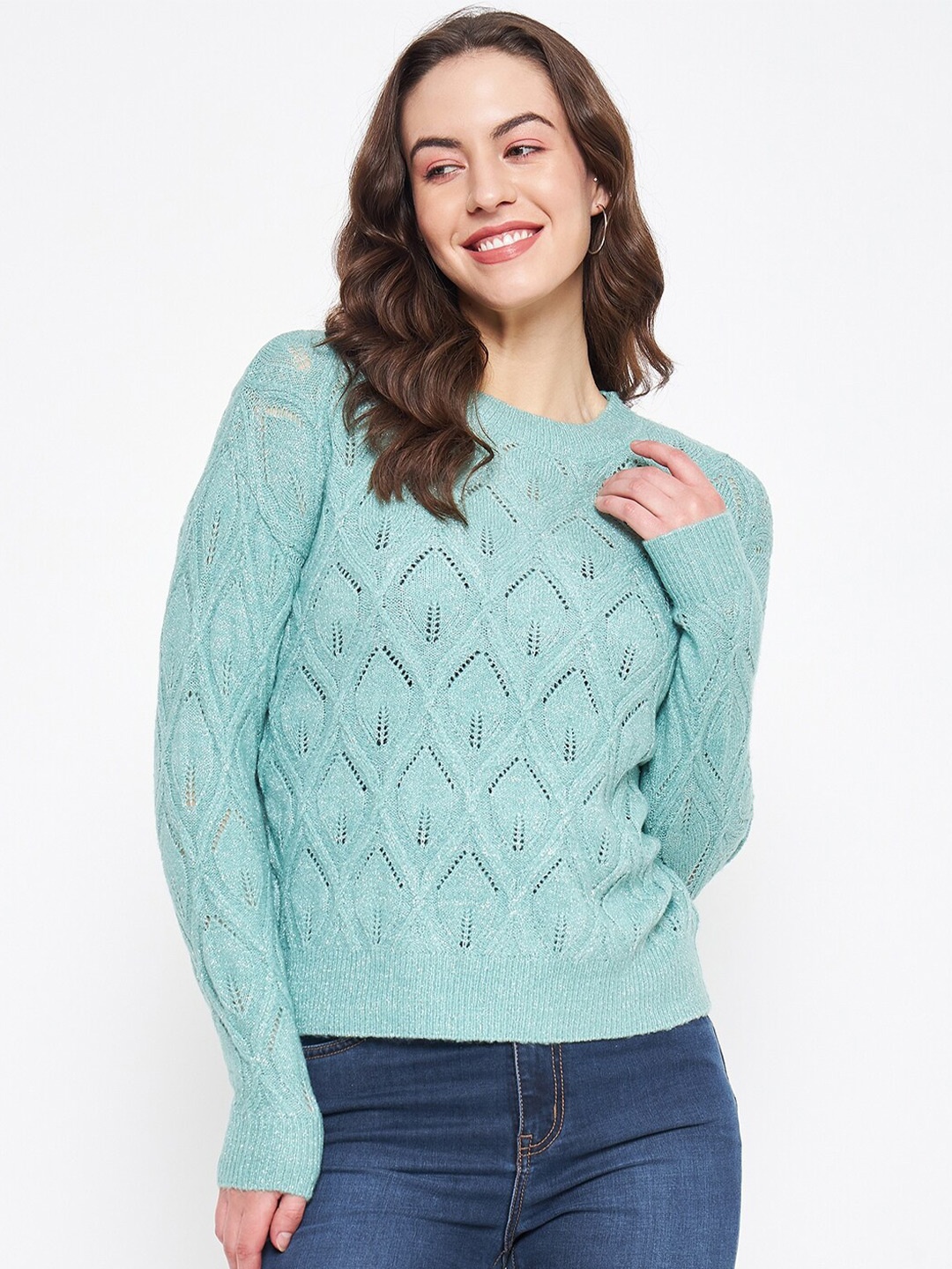 

Madame Cable Knit Self Design Acrylic Pullover, Green