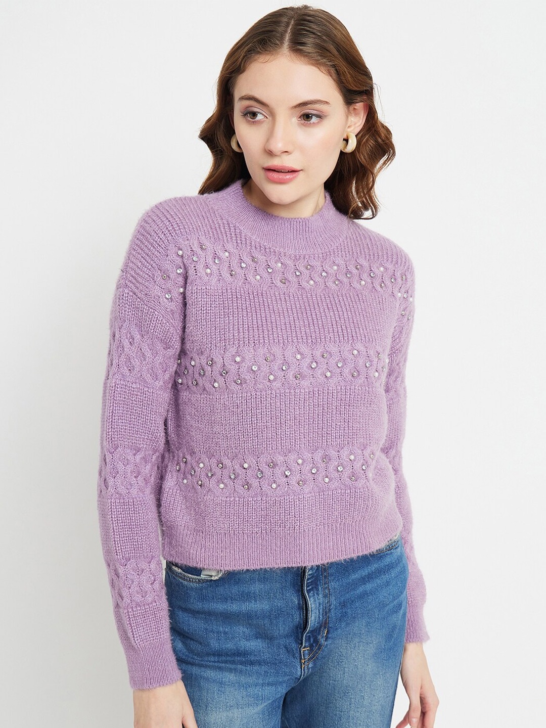 

Madame Cable Knit Self Design Embellished Detailed Pullover, Lavender