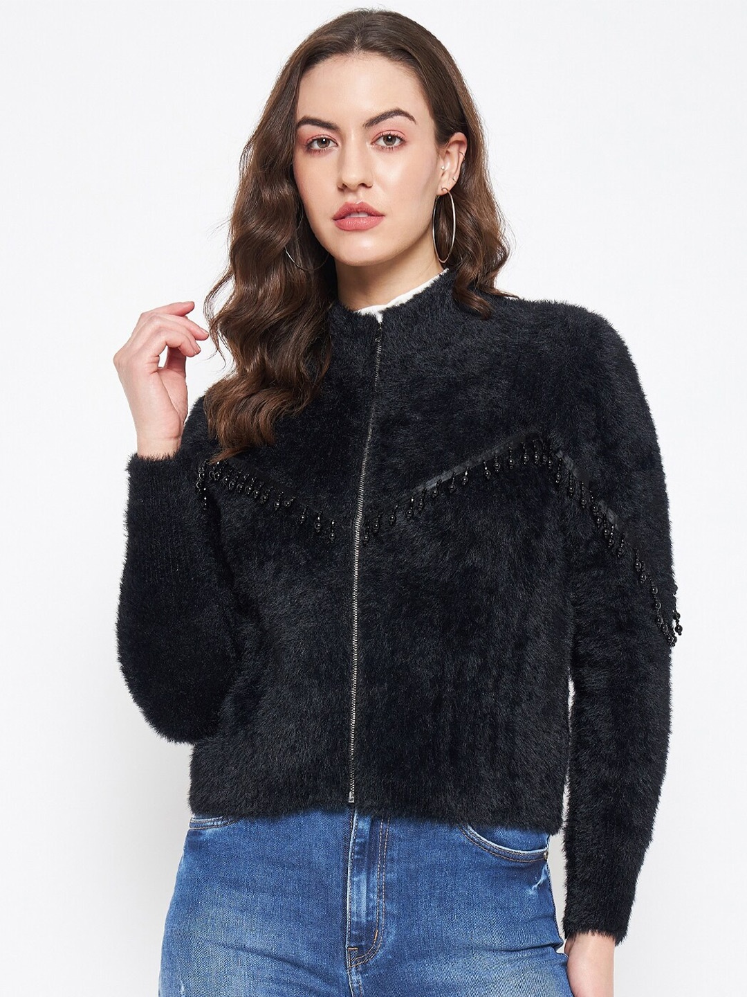 Madame Boucle Mock Collar Long Sleeves Embellished Pullover Sweater, Black