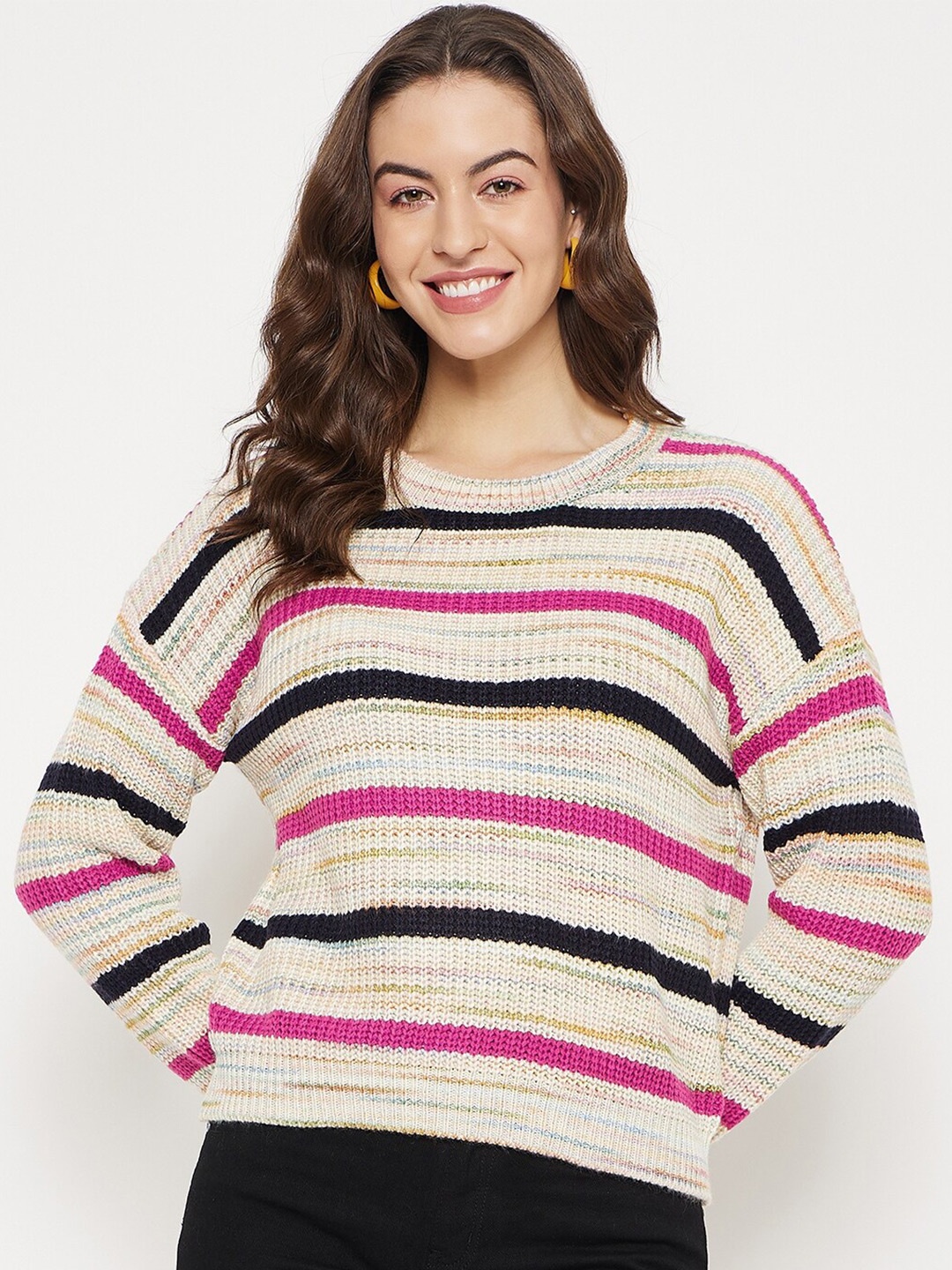 

Madame Striped Round Neck Long Sleeves Pullover Sweater, Beige