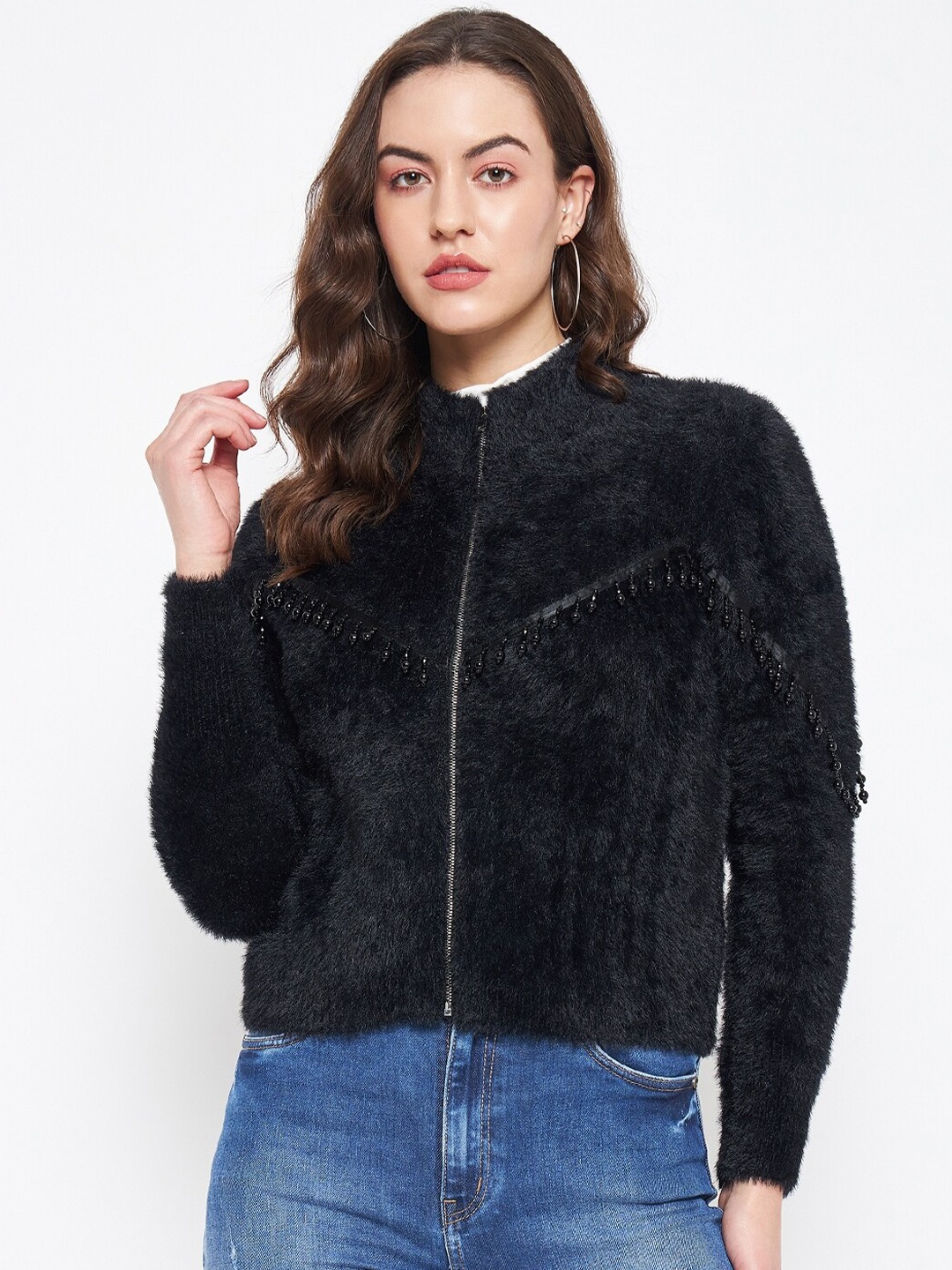 

Madame Boucle Mock Collar Long Sleeves Embellished Pullover Sweater, Black