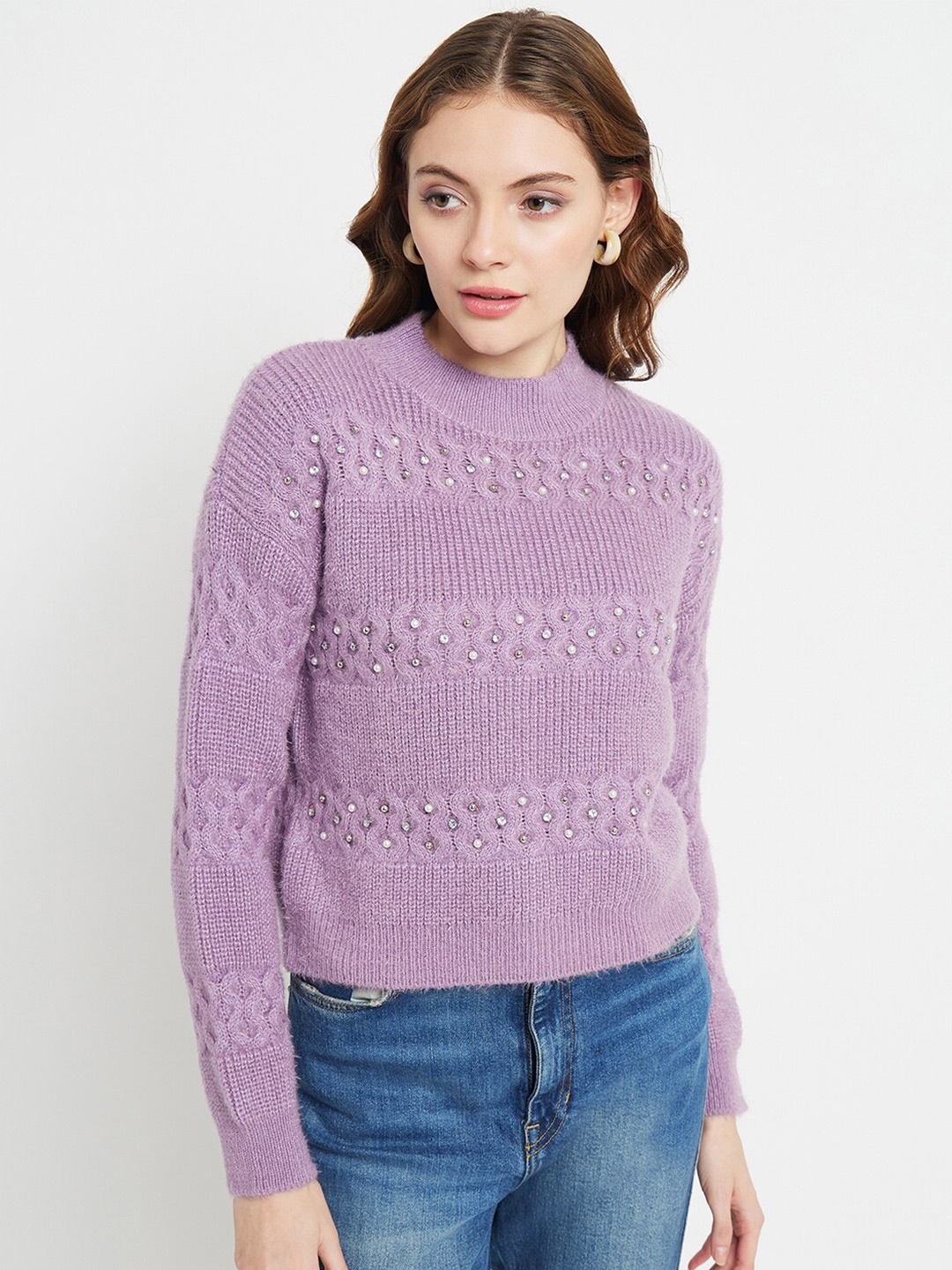 

Madame Cable Knit Self Design Embellished Detailed Pullover, Lavender