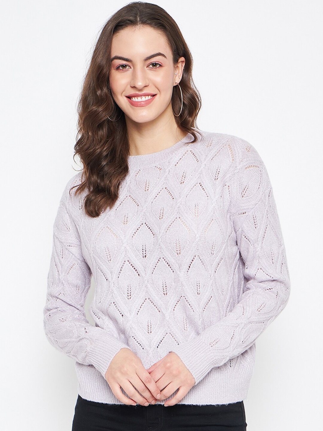 Madame Open Knit Self Design Round Neck Pullover, Lavender