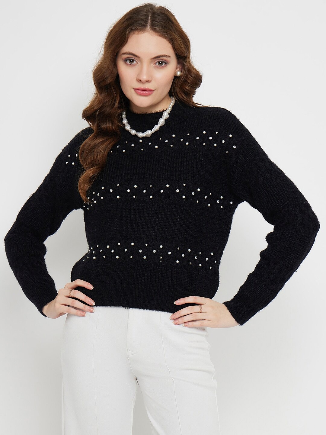 

Madame Mock Collar Long Sleeves Embellished Pullover Sweater, Black