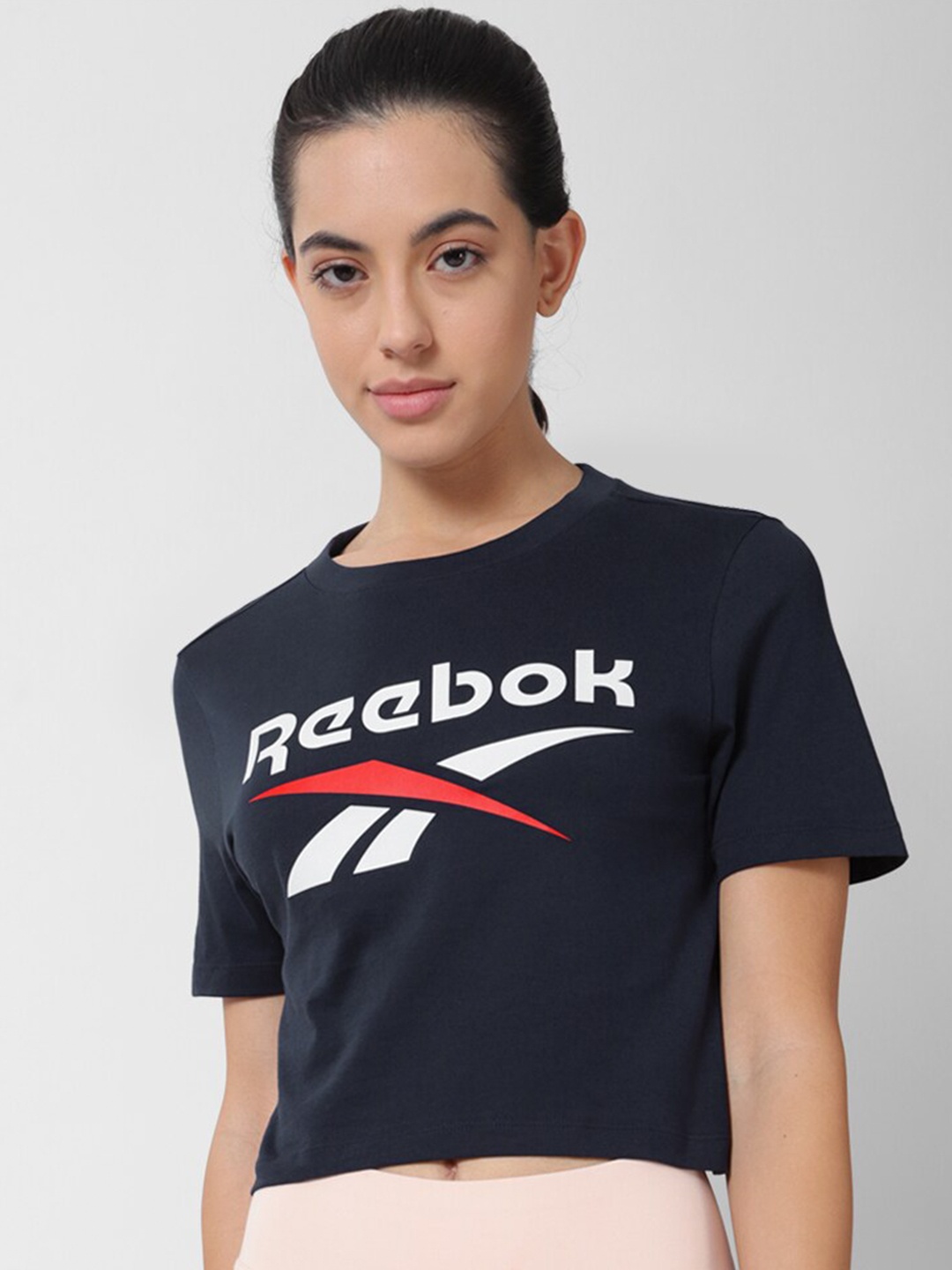 

Reebok Brand Logo Printed Crop Pure Cotton T-Shirt, Black