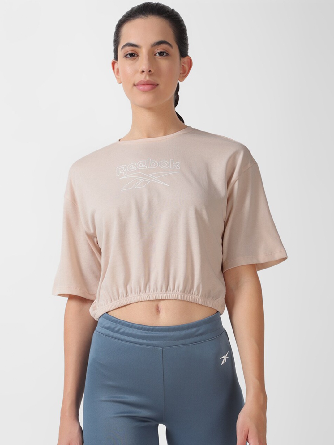 Reebok Brand Logo Printed Round Neck Crop T-Shirt, Beige