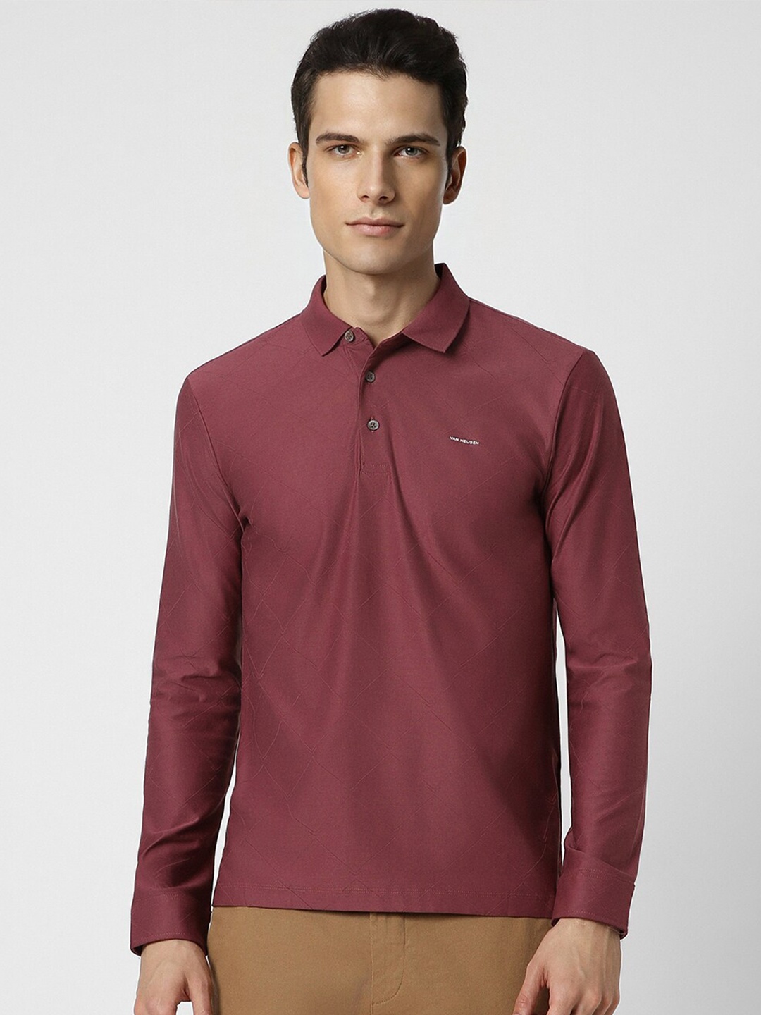 Van Heusen Textured Polo Neck Pure Cotton T-shirt, Mauve