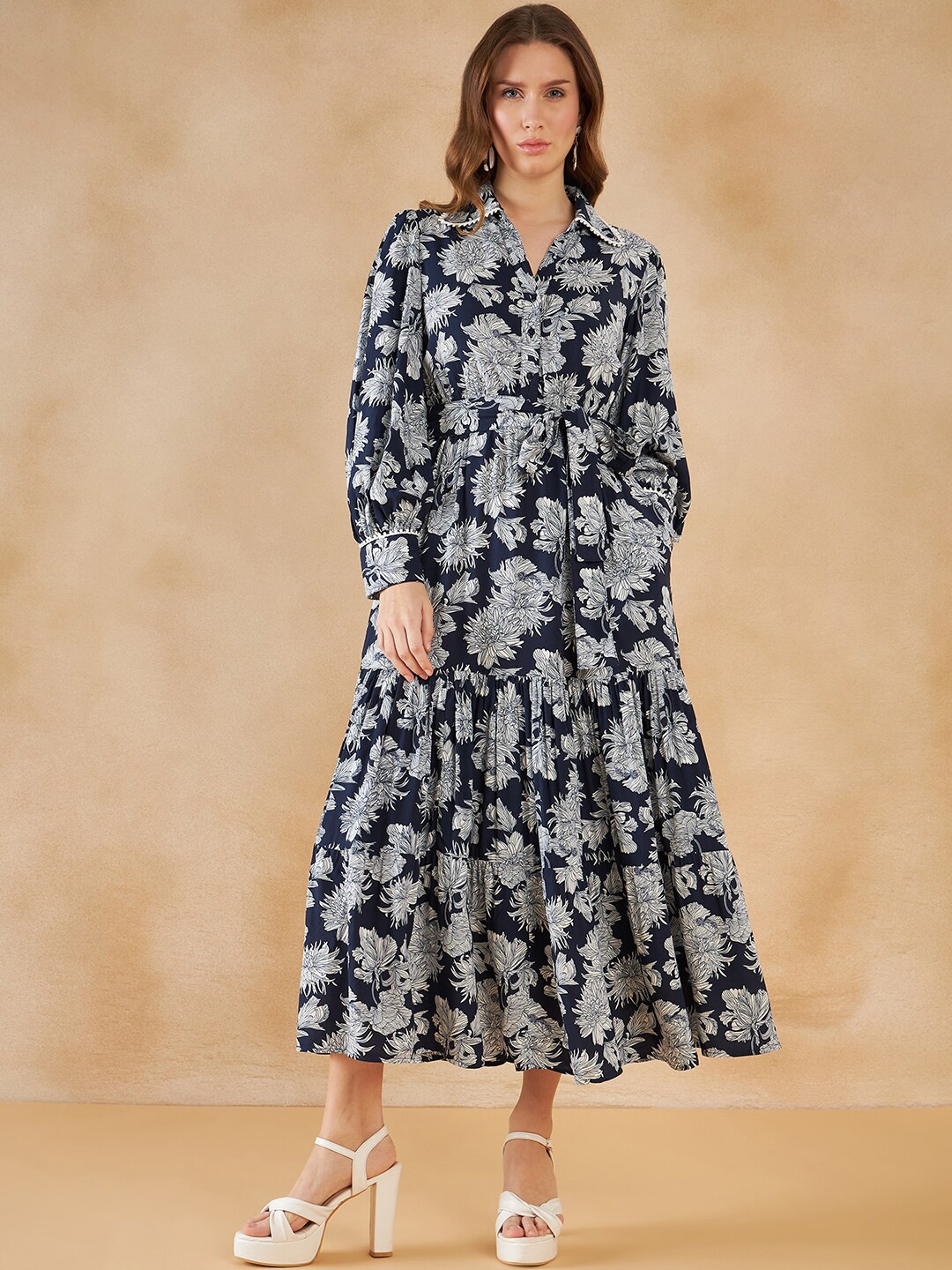 

Femella Floral Printed Shirt Collar A-Line Midi Dress, Blue
