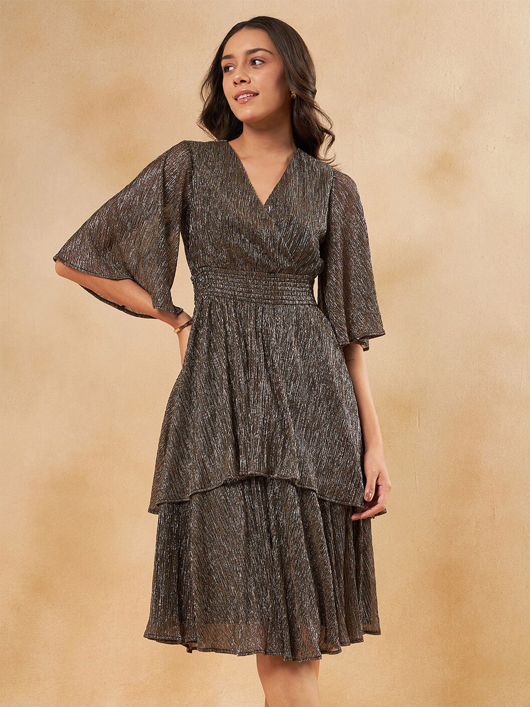 

Femella Embellished Flared Sleeve Smocked Tiered Fit and Flare Midi Dress, Gold