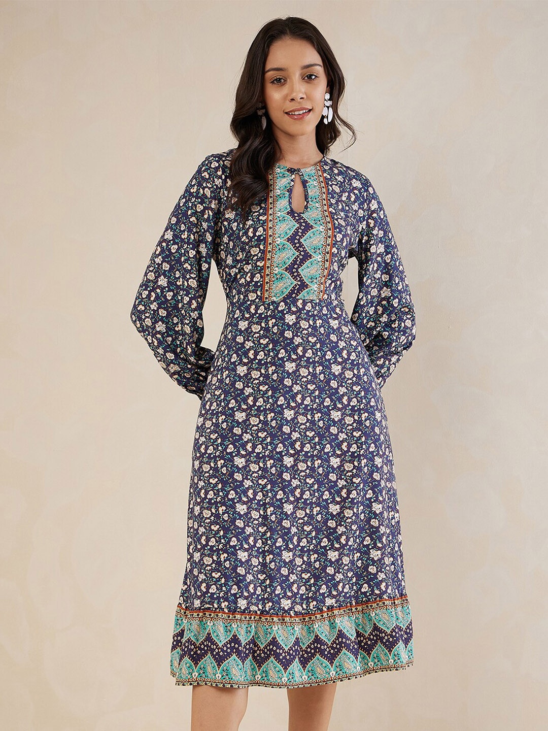

Femella Floral Printed Keyhole Neck Puff Sleeve Fit and Flare Midi Dress, Blue