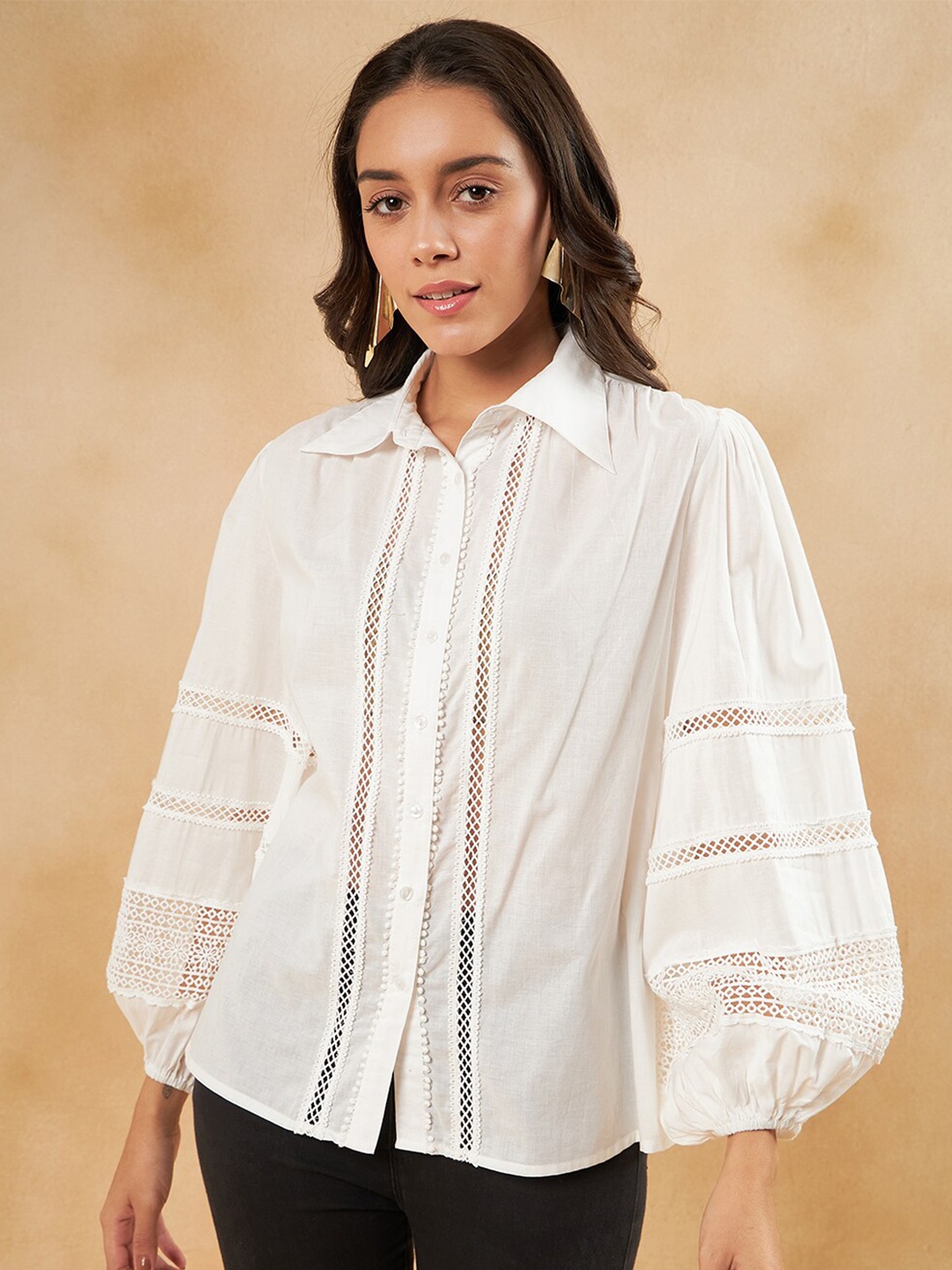 

Femella Self Design Spread Collar Puff Sleeves Cotton Pleated Shirt Style Top, White