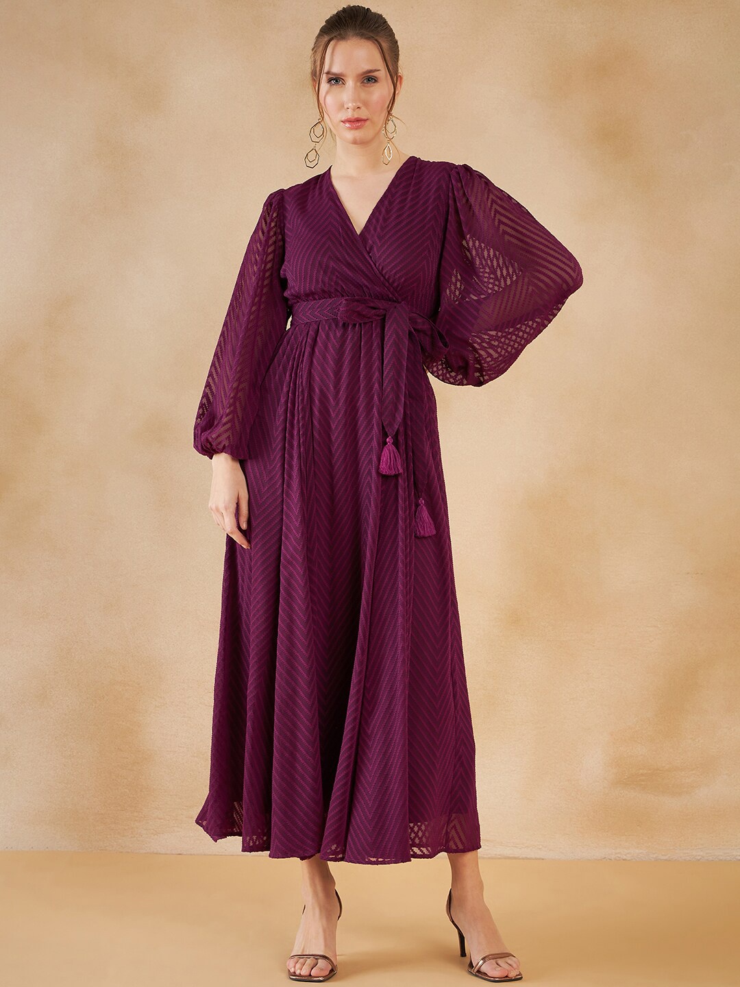 

Femella Self Design Chevron Dobby Wrap Maxi Dress, Maroon