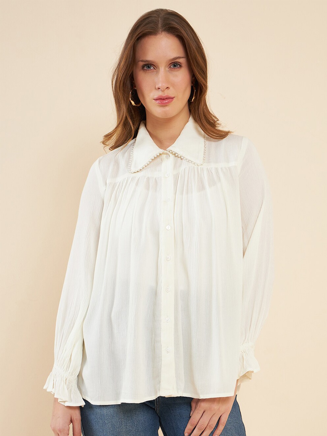 

Femella Spread Collar Cuffed Sleeves Pleated Shirt Style Top, Off white