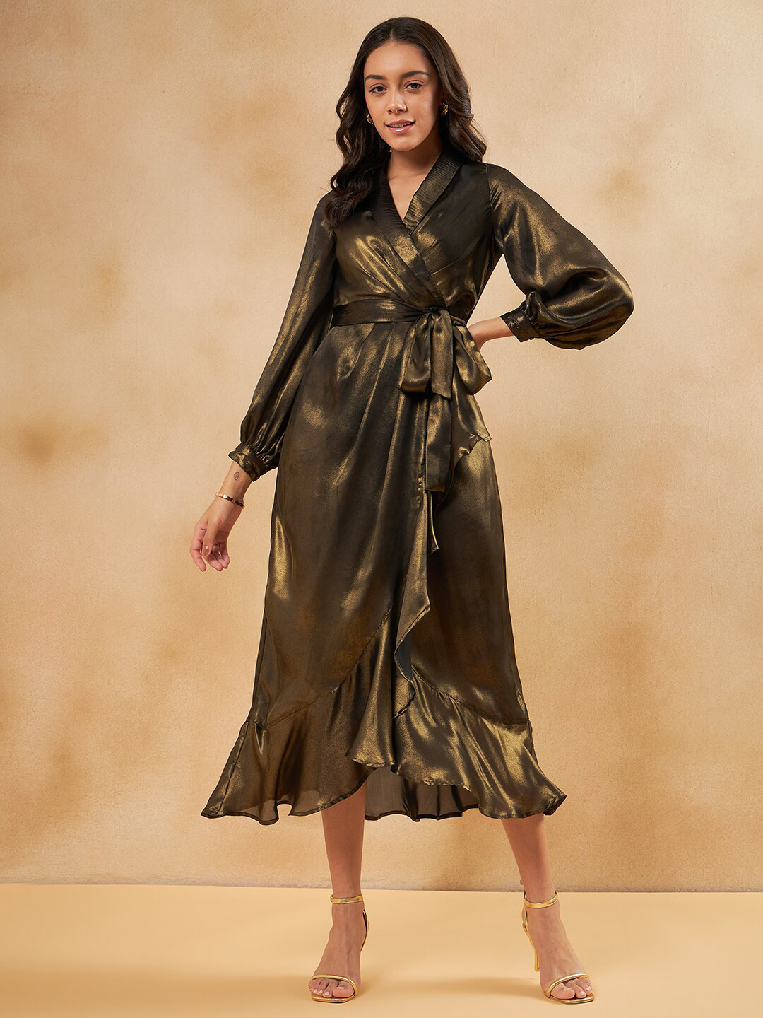

FEMMELLA Ruffled Wrap Midi Dress, Gold
