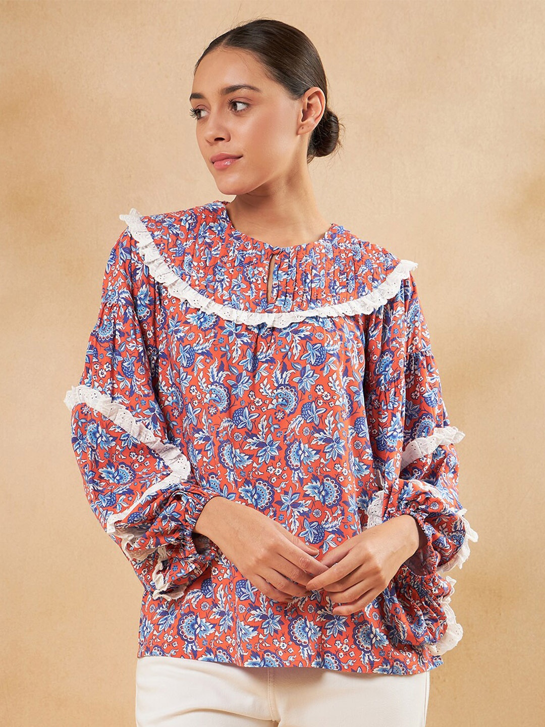 

Femella Floral Printed Keyhole Neck Cuffed Sleeves Lace-Up Detail Cotton A-Line Top, Orange
