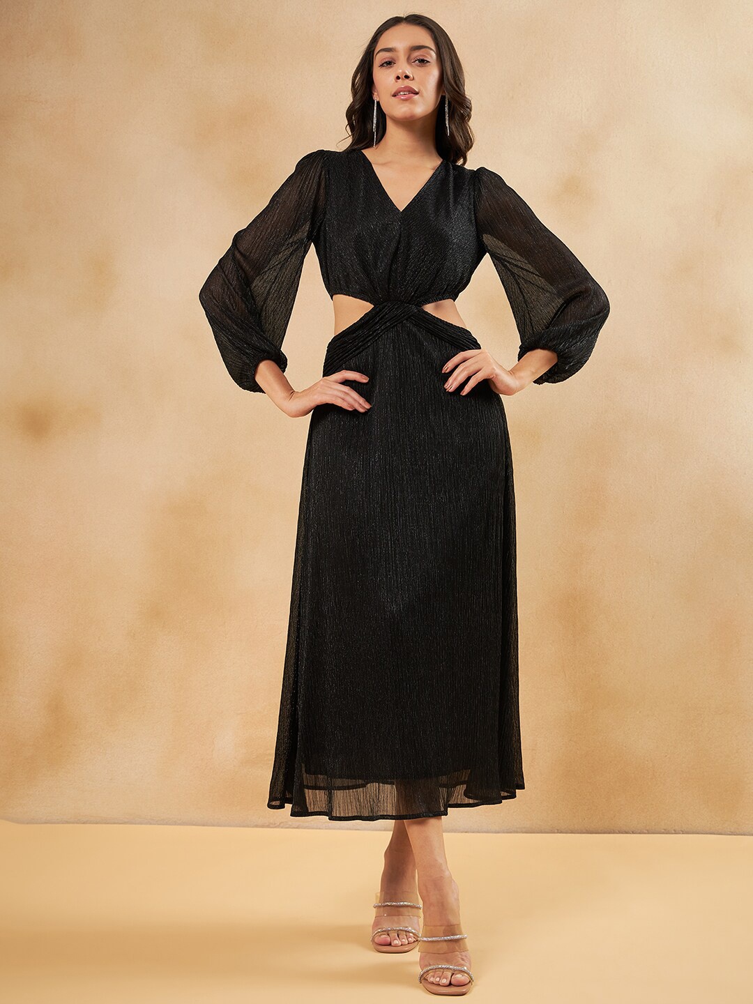 

Femella Self Design Puff Sleeves Cutout A-Line Midi Dress, Black