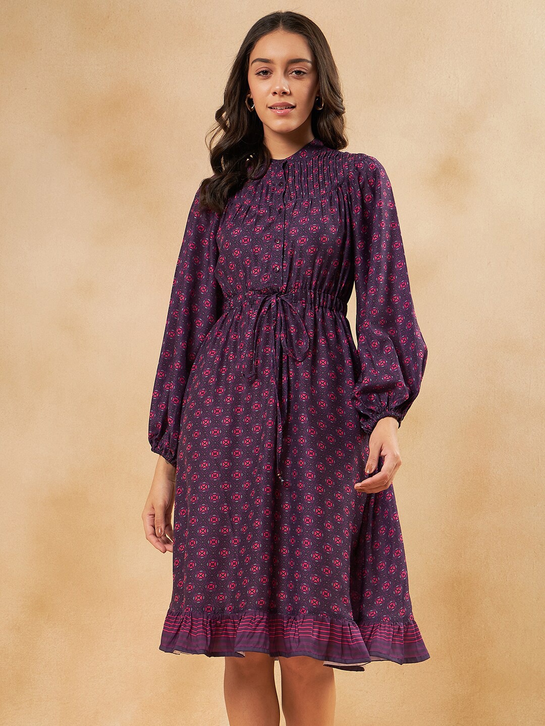 

FEMMELLA Floral Printed Puff Sleeve Fit & Flare Dress, Purple