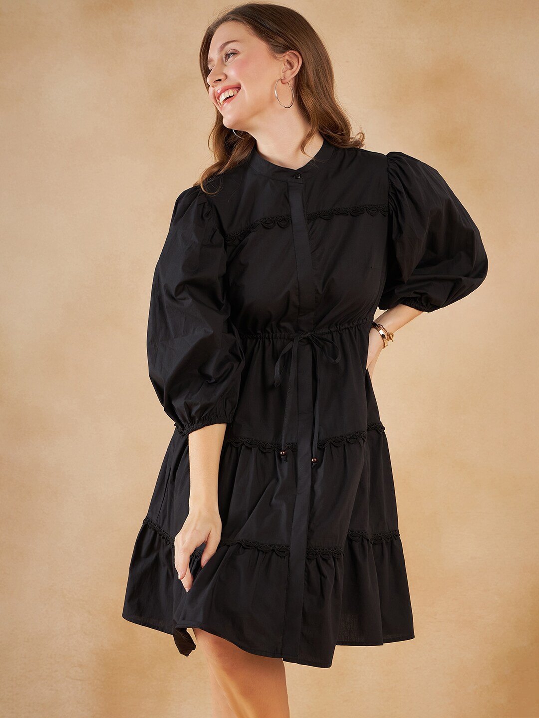

FEMMELLA Puff Sleeve Mandarin Collar Lace Detailed Tiered Cotton Shirt Dress, Black