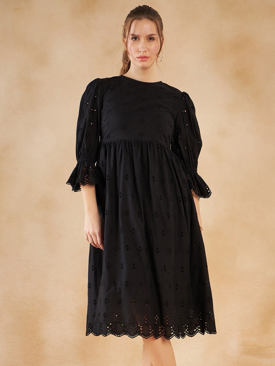 

Femella Floral Embroidered Schiffli Bell Sleeve Pure Cotton Fit and Flare Midi Dress, Black
