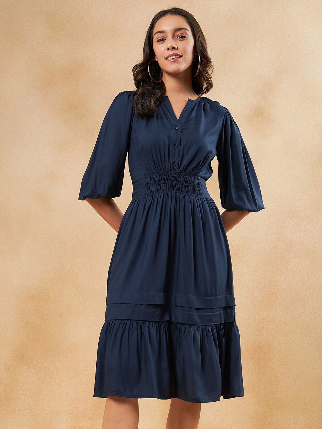 

Femella Puff Sleeves Smocked Waist Fit & Flare Dress, Navy blue