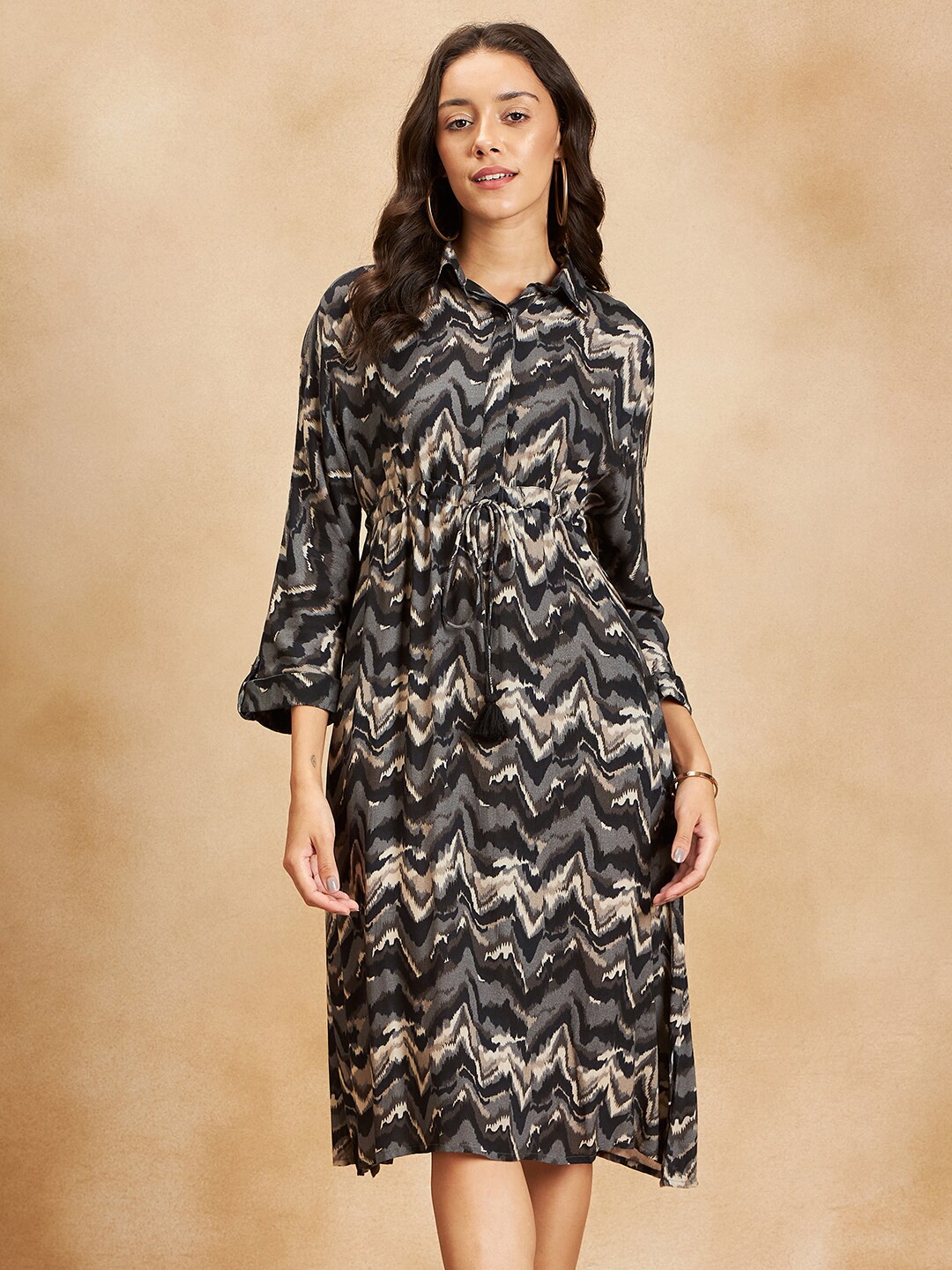 

FEMMELLA Abstract Printed Shirt Collar A-Line Dress, Black