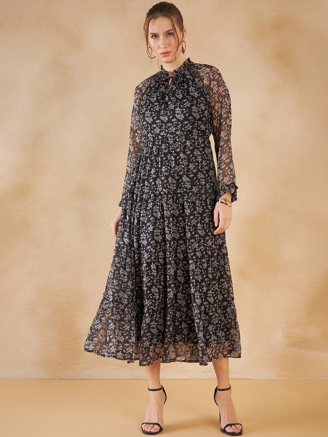 

Femella Floral Printed Tiered Tie-Up Neck Maxi Dress, Black