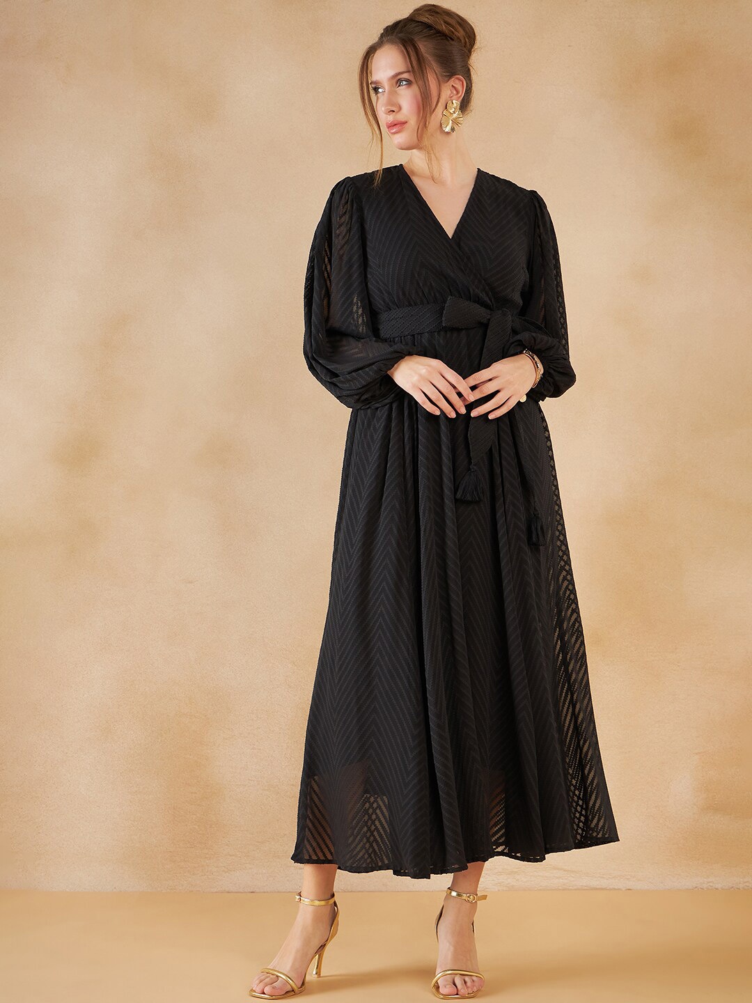 

Femella Self Designed Puff Sleeves Wrap Midi Dress, Black