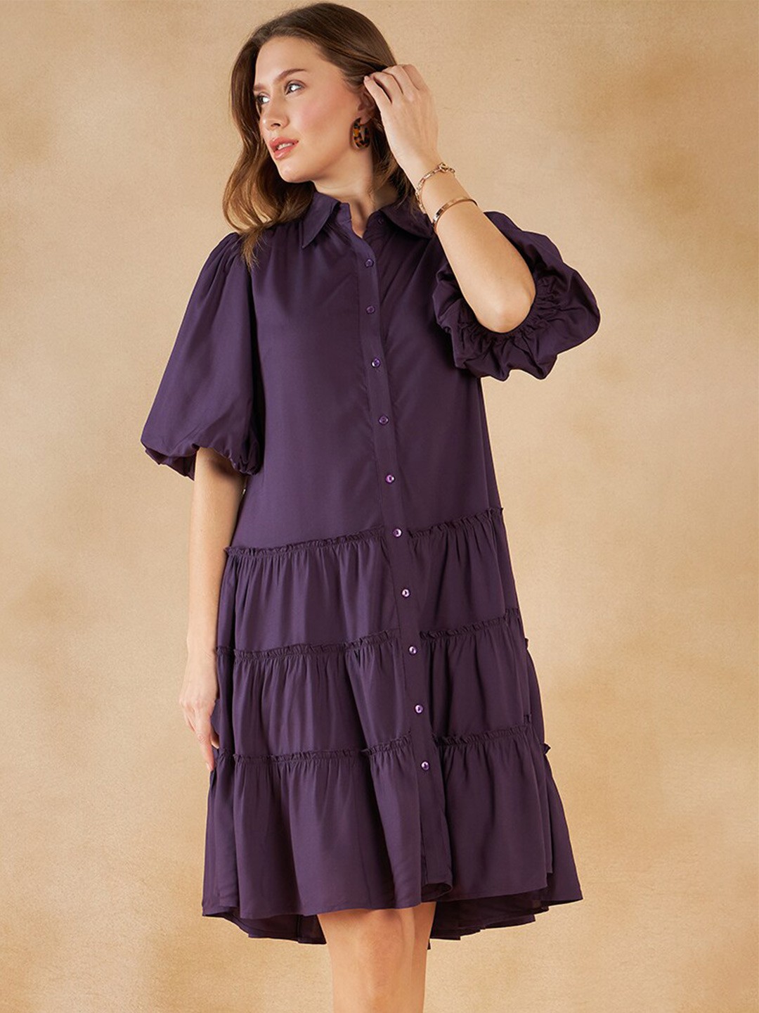 

Femella Puff Sleeve Tiered Shirt Dress, Purple