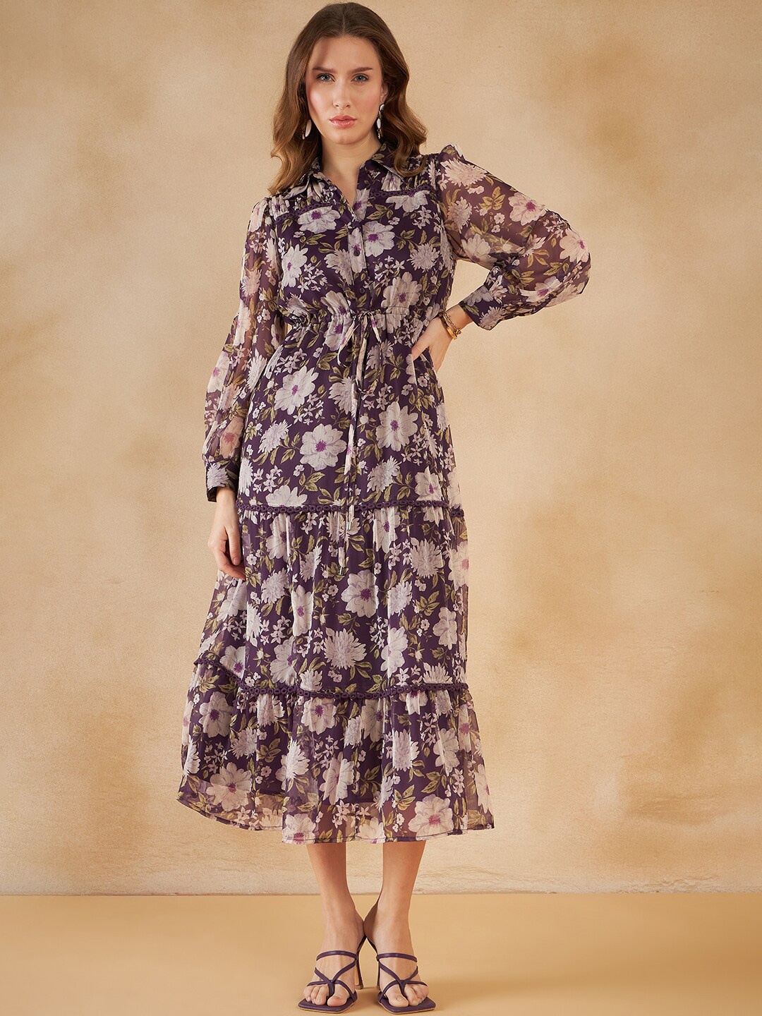 

Femella Floral Printed Shirt Collar A-Line Fit and Flare Midi Dress, Purple