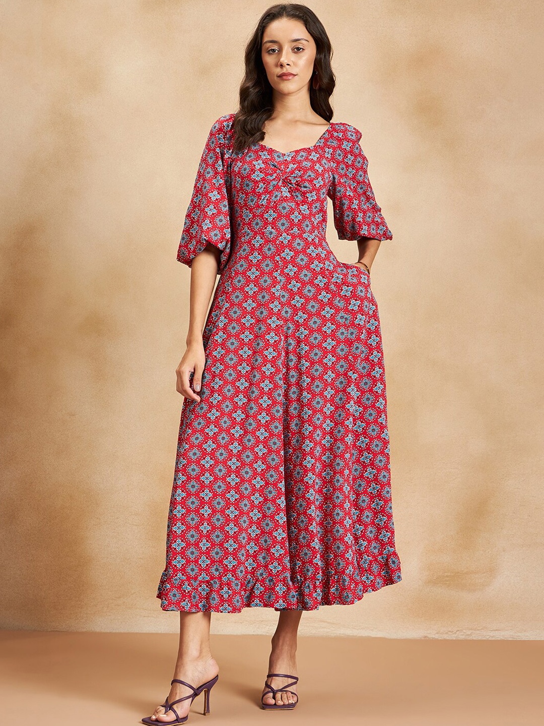 

Femella Ethnic Motifs Printed Puff Sleeves Maxi Dress, Red