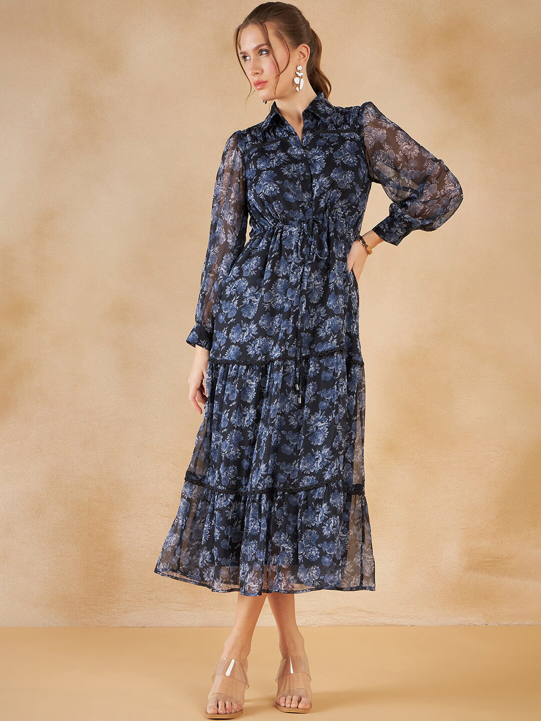 

Femella Floral Print Puff Sleeve Shirt Collar Tiered Fit and Flare Midi Dress, Navy blue