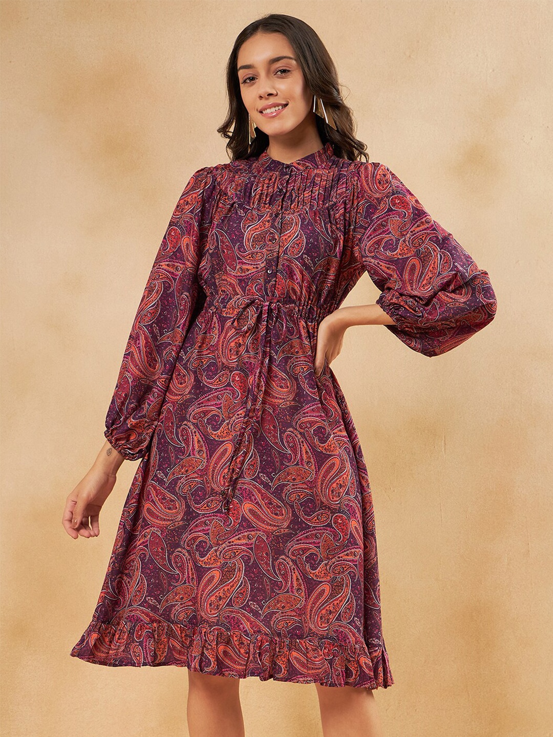 

Femella Paisley Printed Puff Sleeve A-Line Dress, Purple