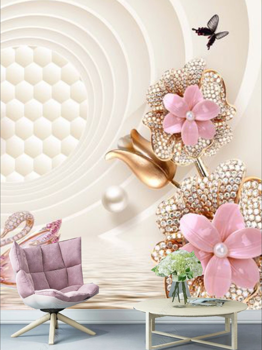 

KSHIRSA Cream-Colored & Pink Floral Self Adhesive Removable Wallpaper
