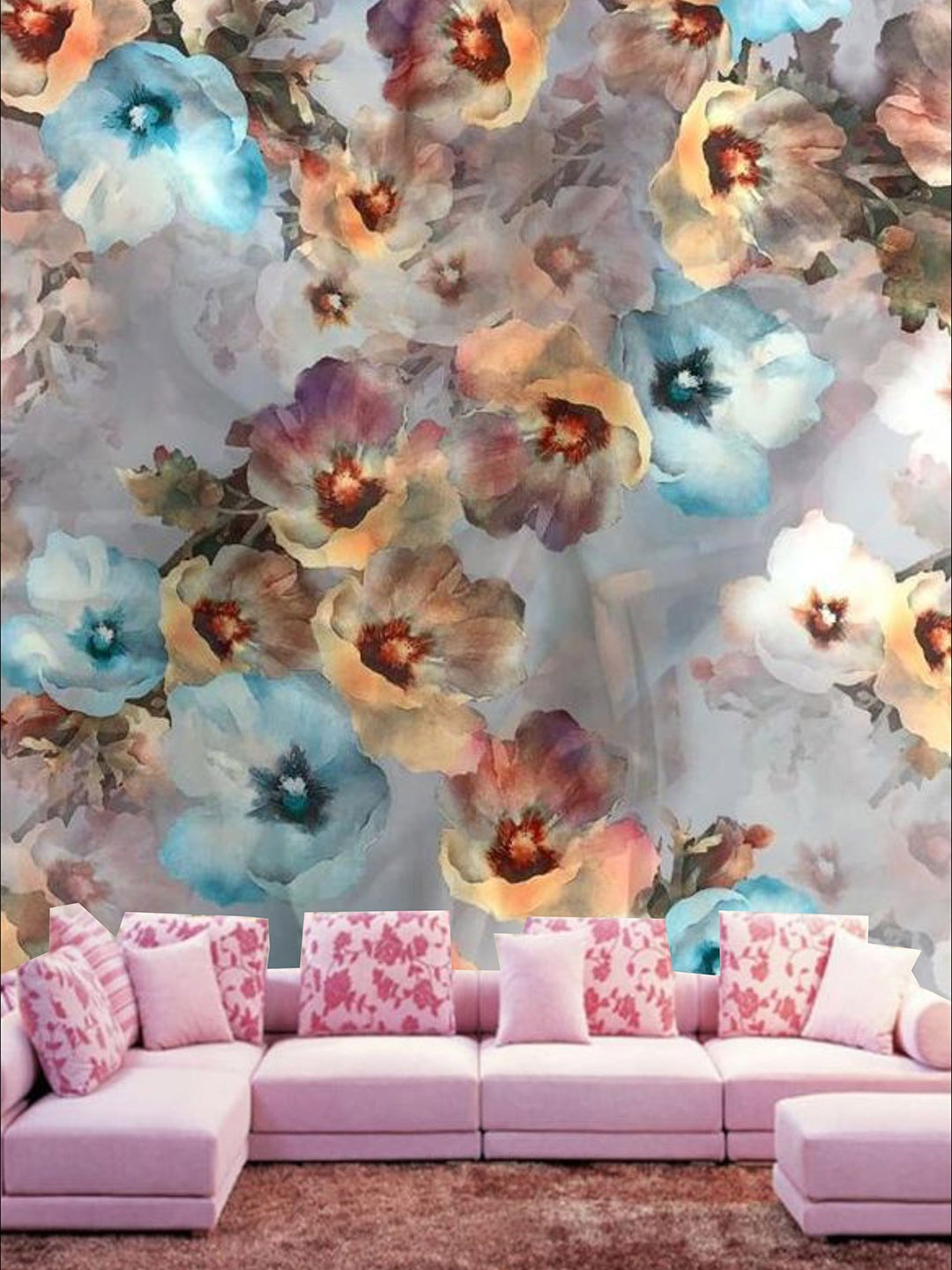 

KSHIRSA Beige & Blue Floral Printed Self Adhesive Removable Wallpaper